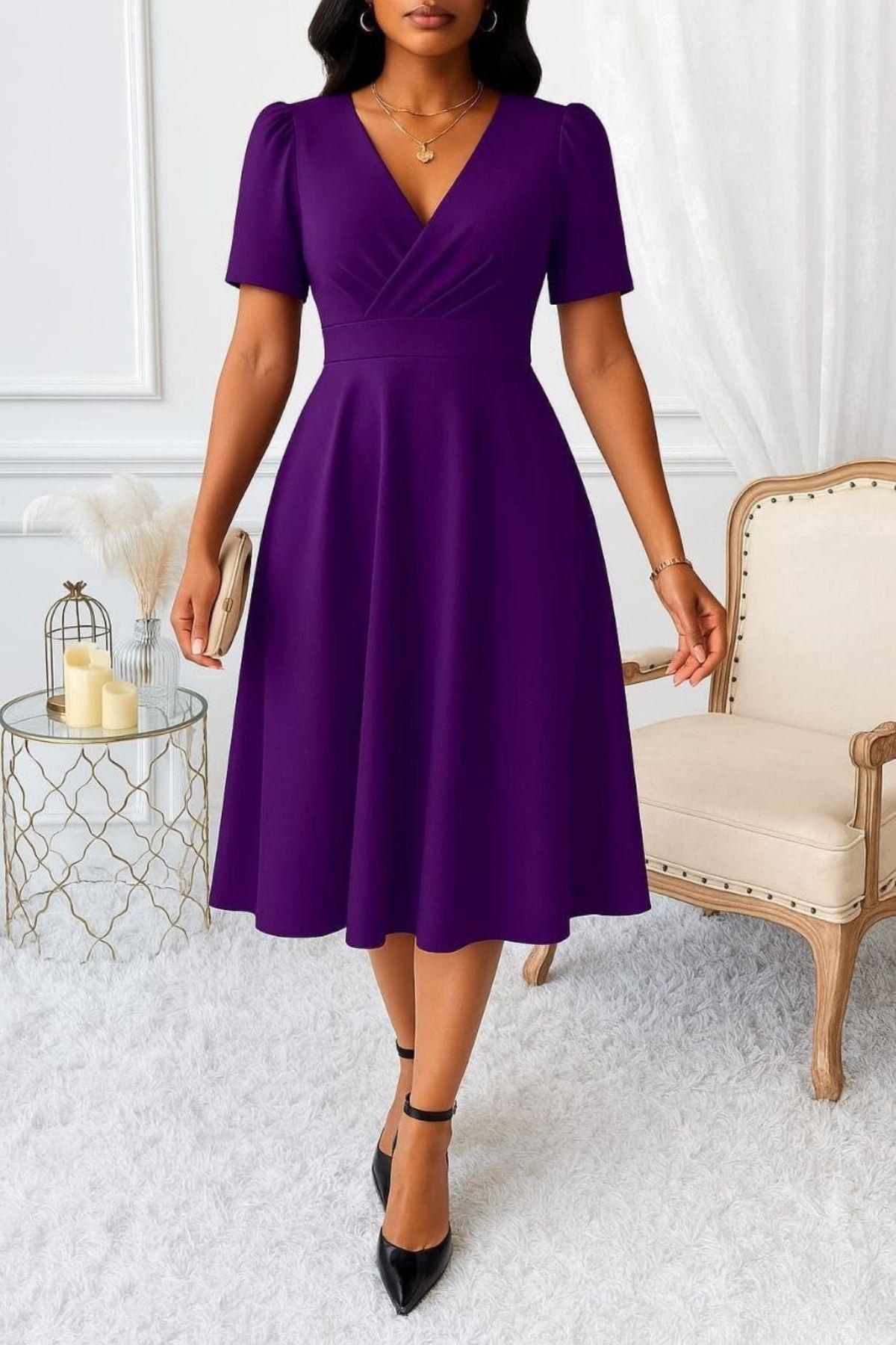 Kruvaze Yaka Kısa Kollu Midi Krep Elbise - Mor