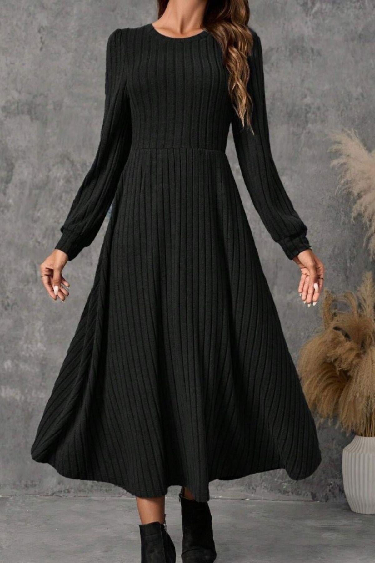 Uzun Kollu A Kesim Midi Boy Şardonlu Kaşkorse Elbise - Siyah