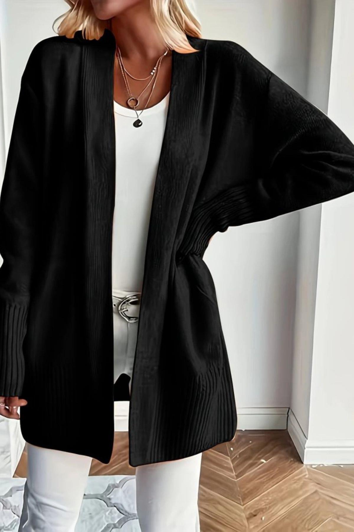 Uzun Kollu Dökümlü Triko Ceket - Siyah