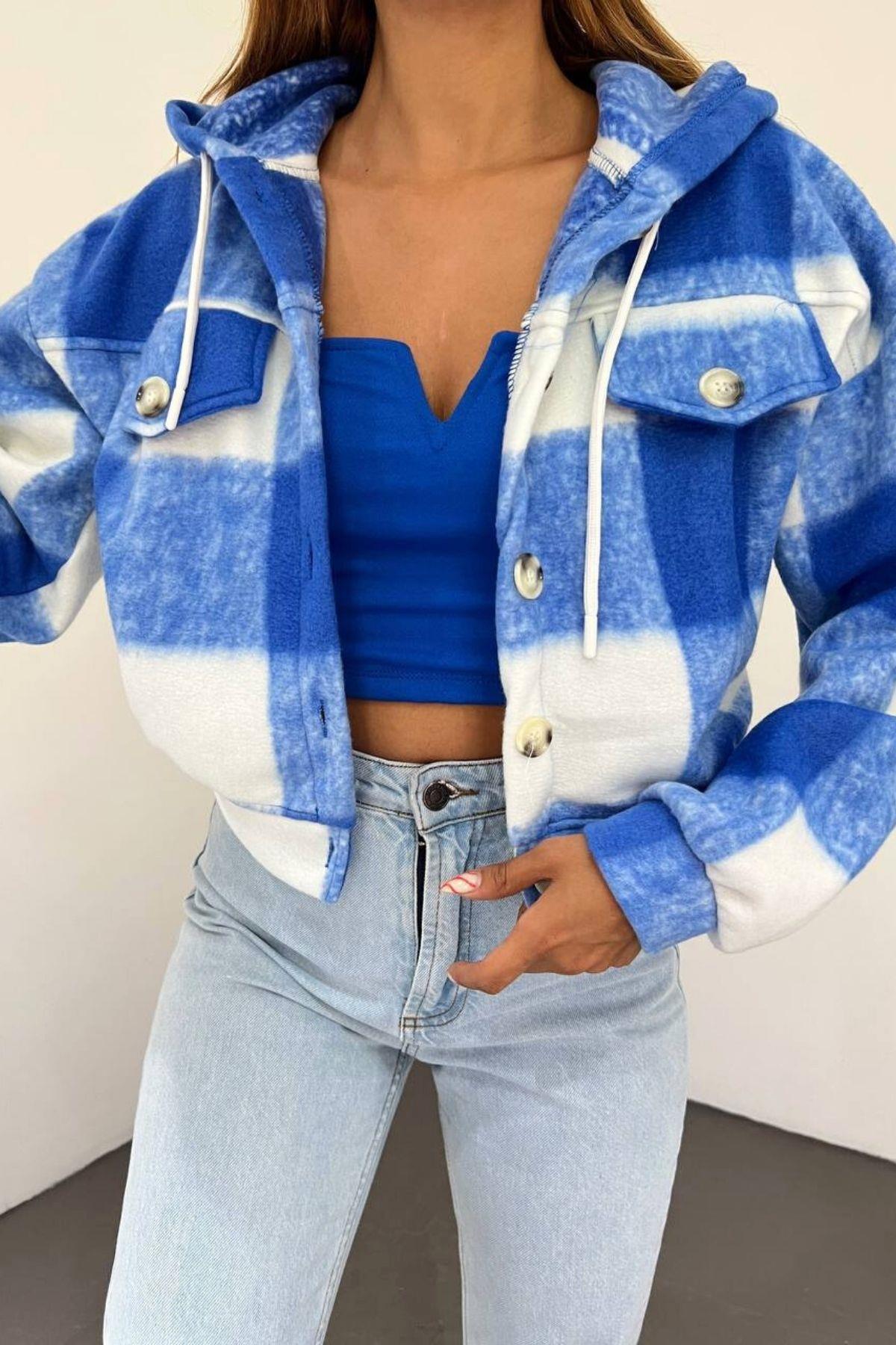 Ekoseli Kapüşonlu Polar Mini Ceket Saks