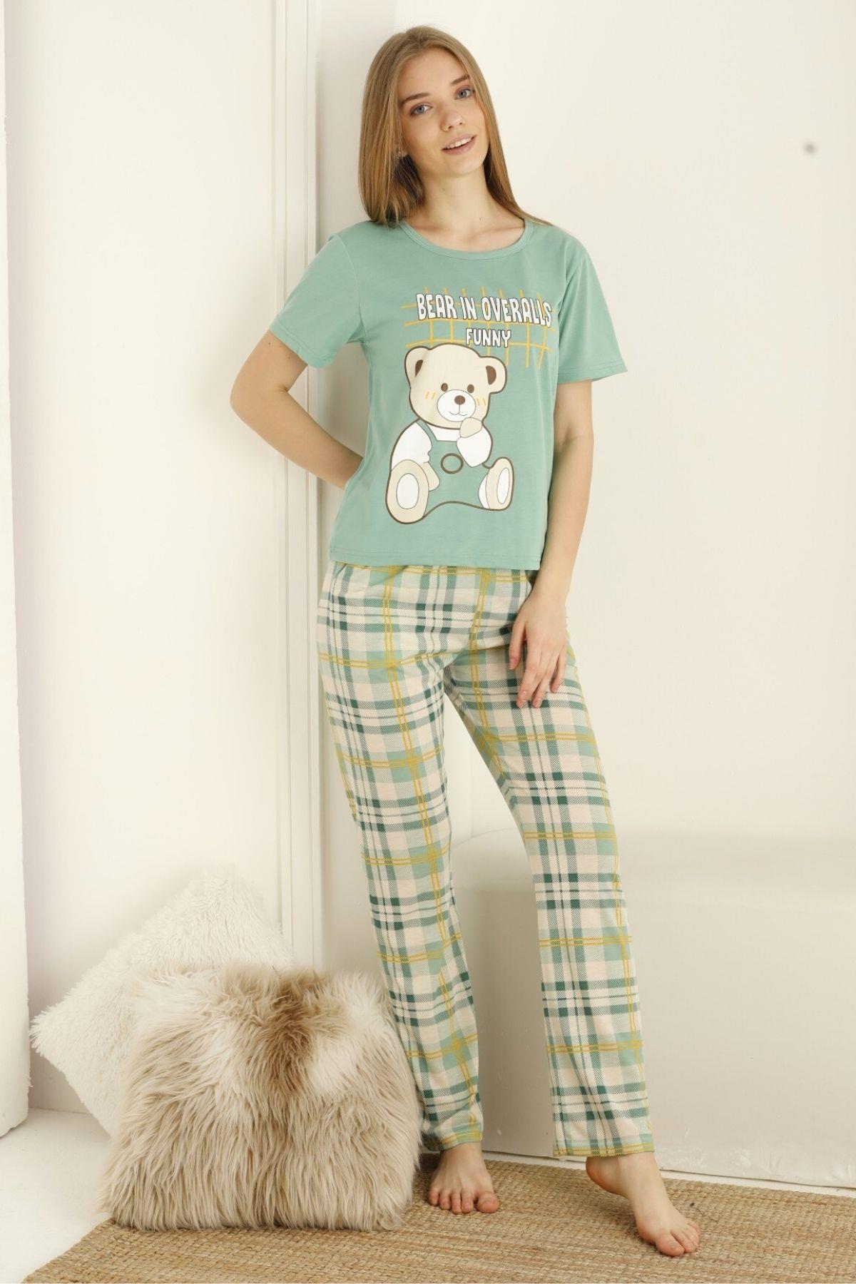 Ekoseli Kısa Kollu Penye Pijama Takımı Yeşil