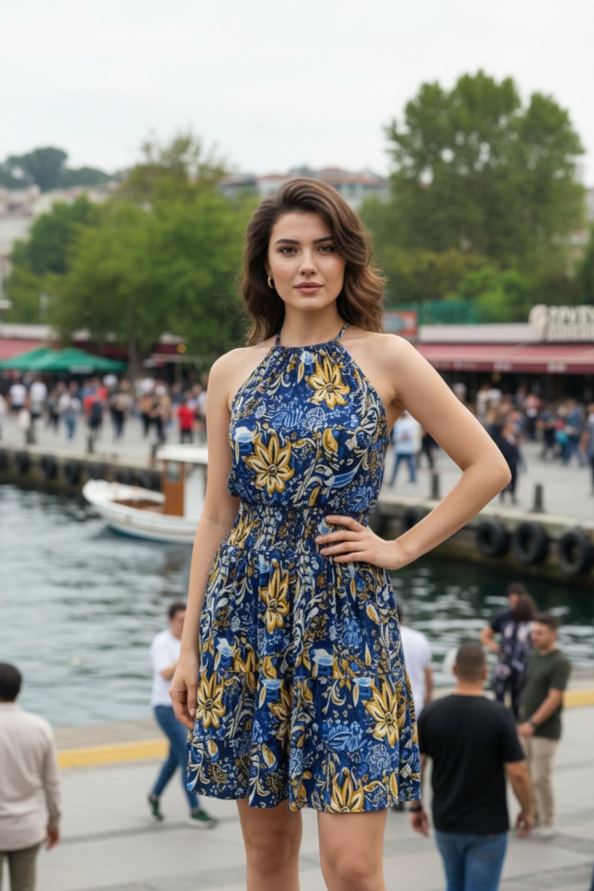 Halter Yaka Beli Lastikli  Desenli Süprem Elbise - Desenli