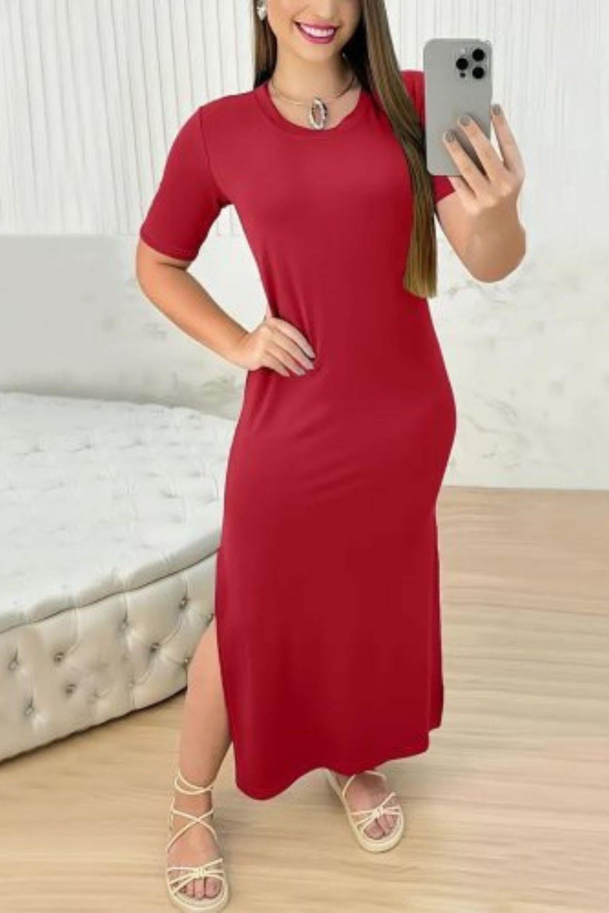 Kısa Kollu Bisiklet Yaka Yırtmaçlı Basic Elbise - Kırmızı