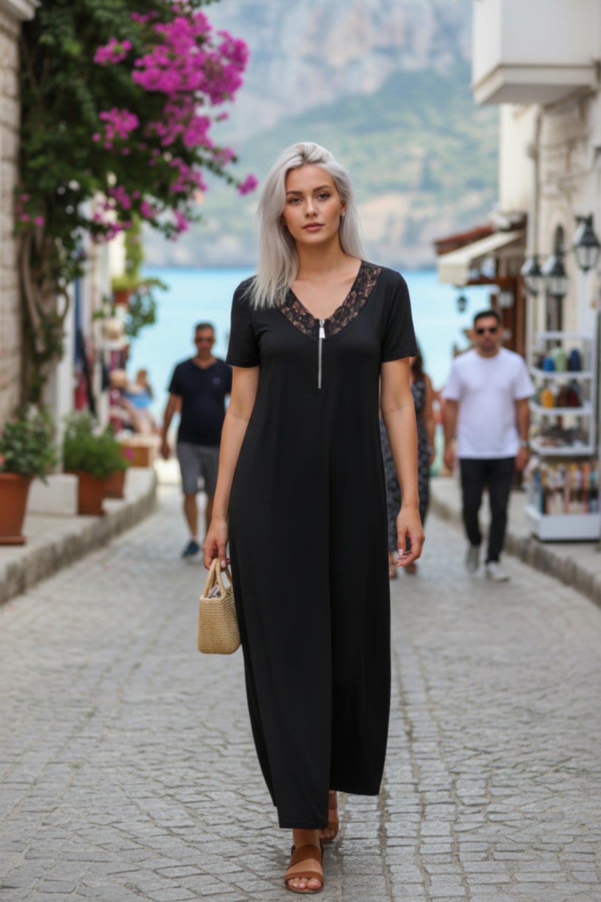 Kısa Kollu Fermuar Ve Dantel Detaylı Viskon Elbise - Siyah