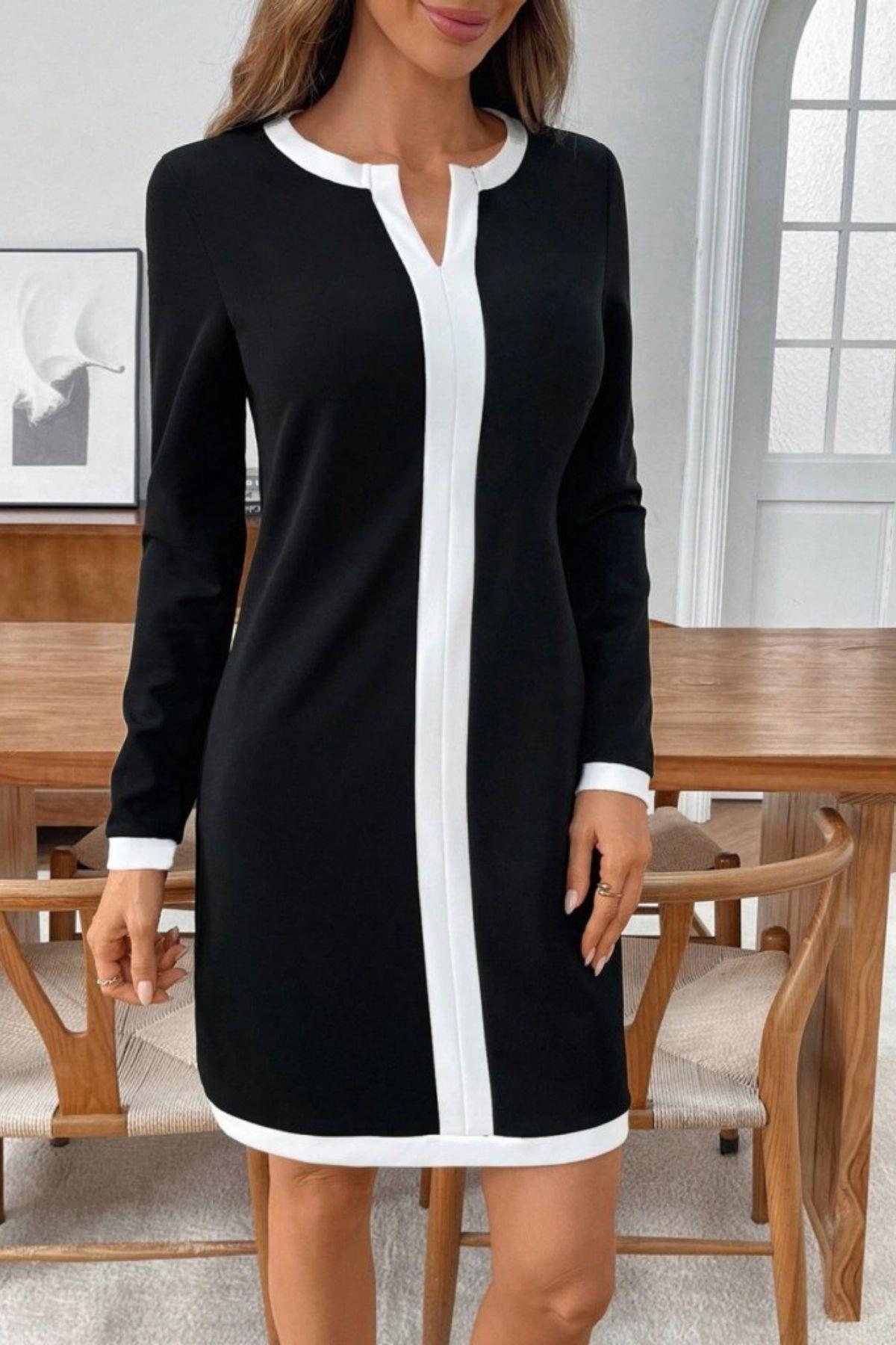 Uzun Kollu V Yaka Şeritli Mini Modal Elbise - Siyah