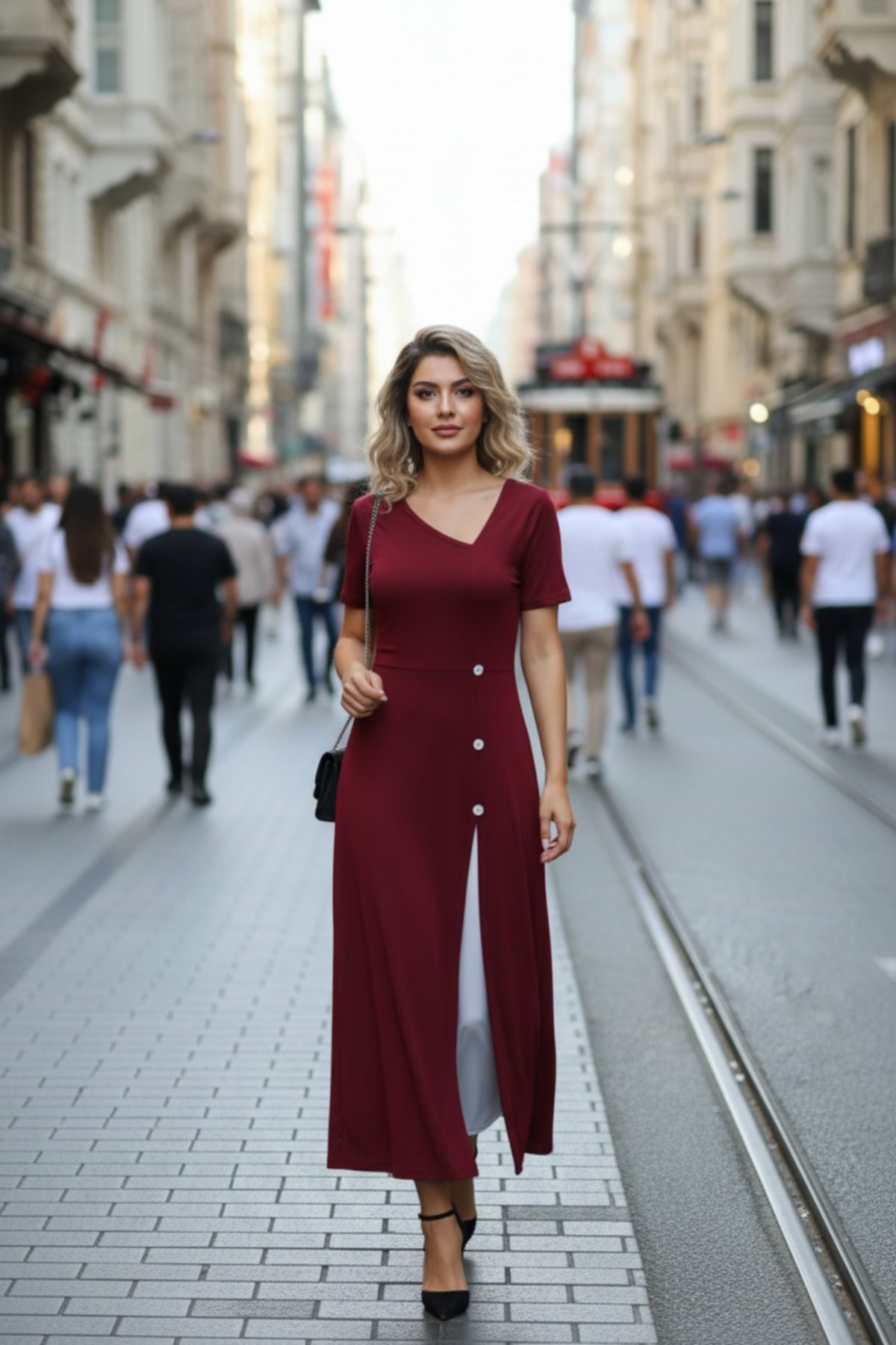 Asimetrik Yaka Düğme Detaylı Midi  Viskon Elbise - Bordo