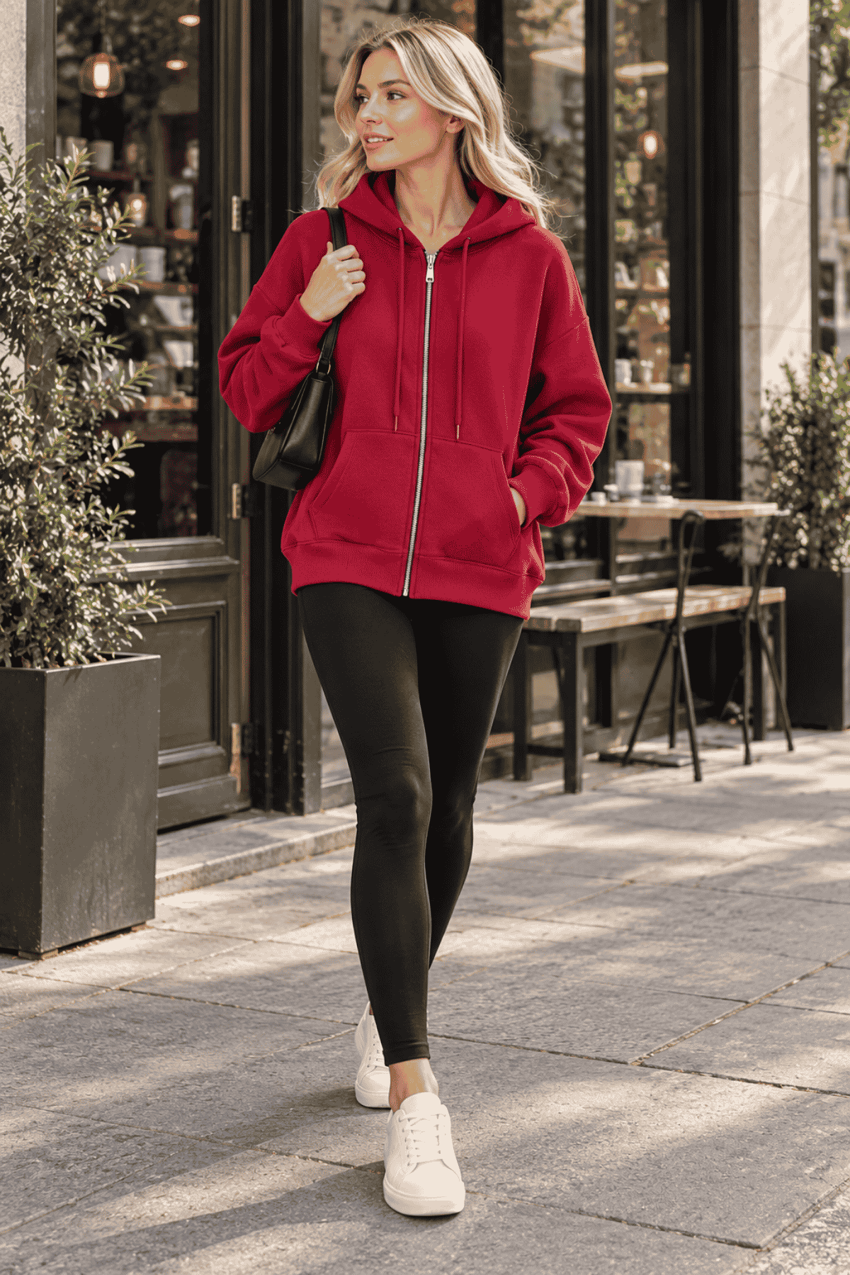 Üç İplik Oversize Kapüşonlu Fermuarlı Sweatshirt Bordo