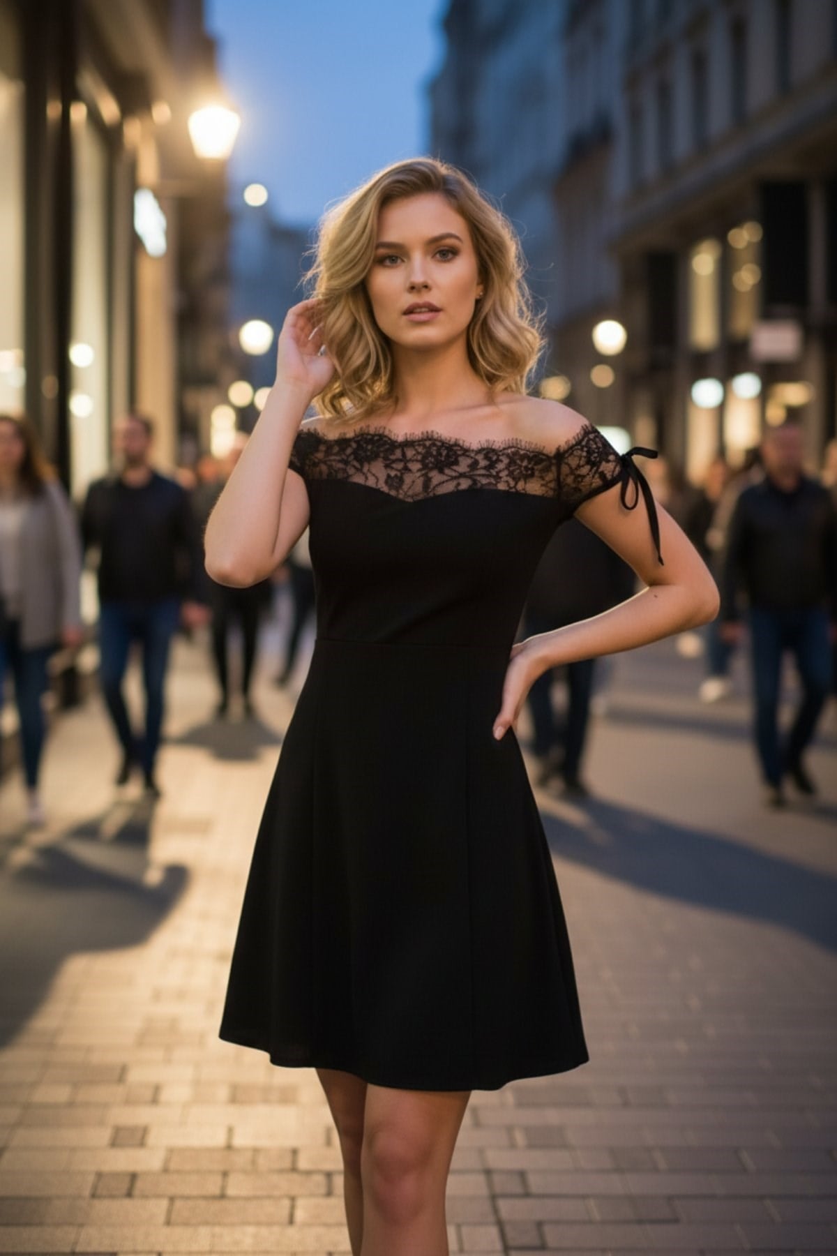 Madonna Yaka Dantelli Krep Elbise - Siyah