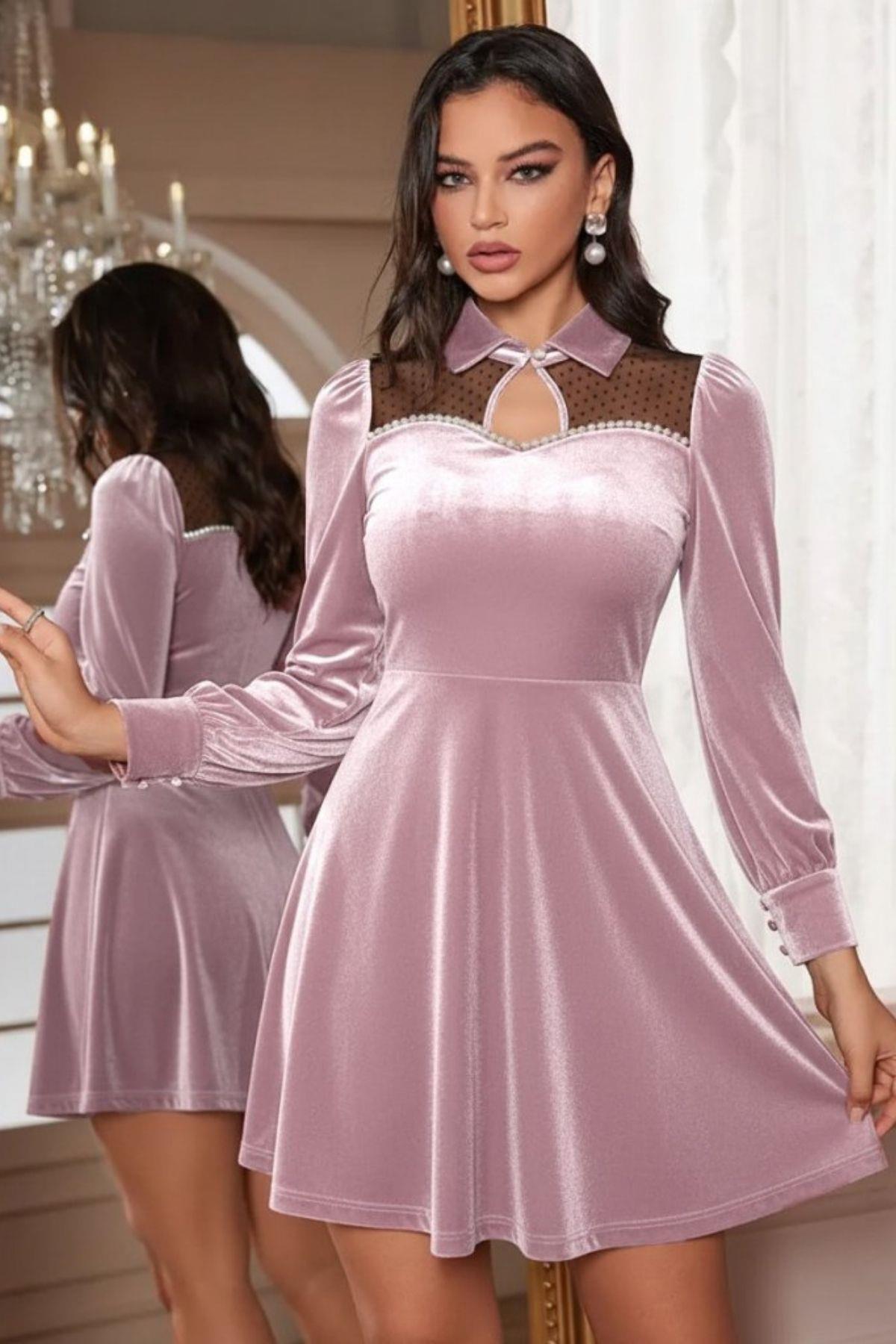 İnci Detaylı Yaka Kadife Mini Elbise - Pembe