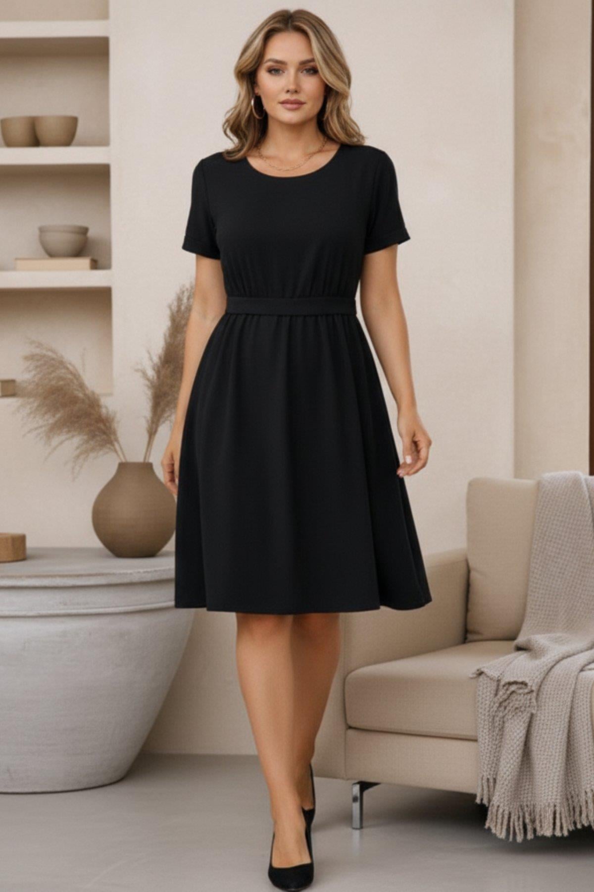 Sırt Düğme Detaylı Kısa Kollu Midi Viskon Elbise - Siyah