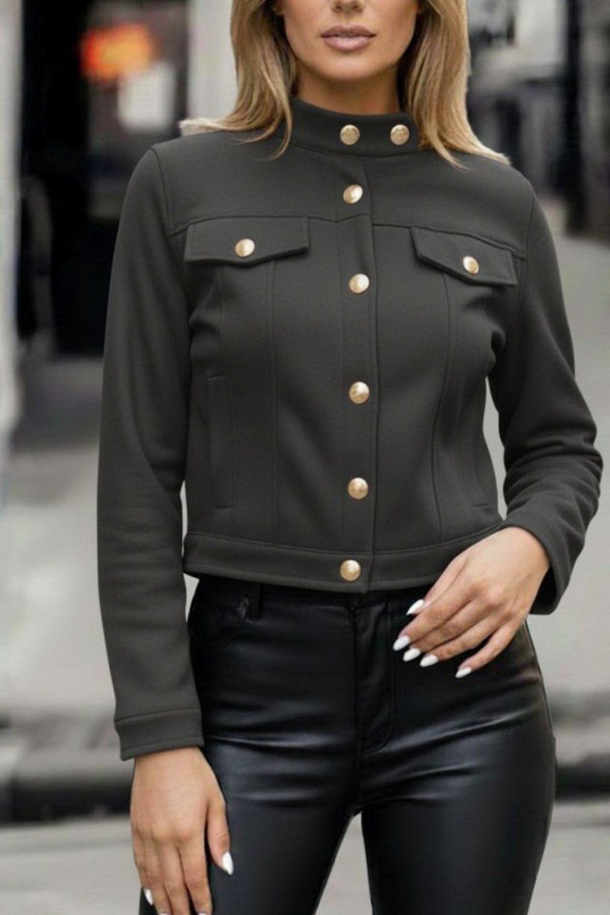 Düğmeli Kışlık Hakim Yaka Kısa Süet Ceket - Gri