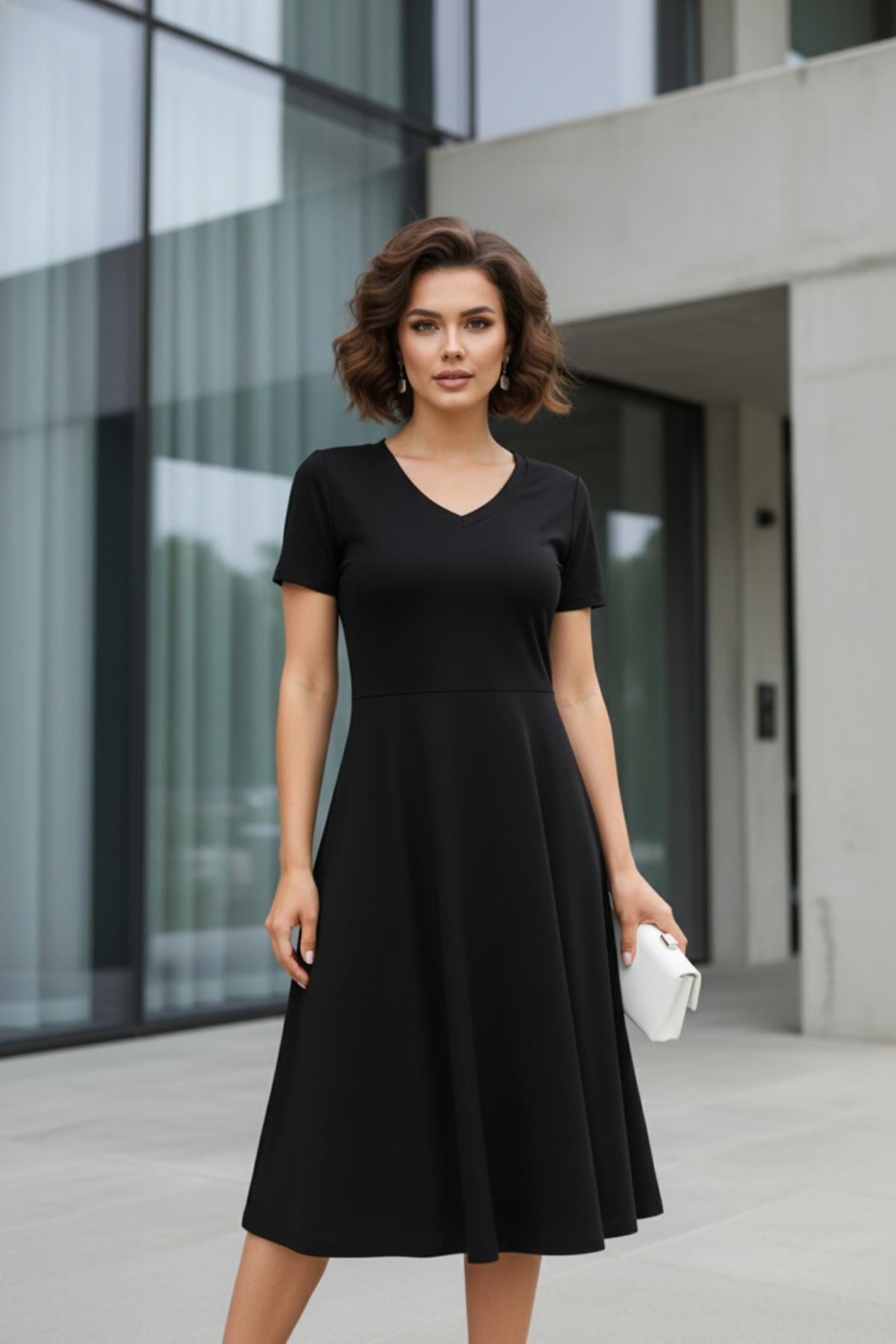 V Yaka Kısa Kollu A Kesim Midi Viskon Elbise - Siyah