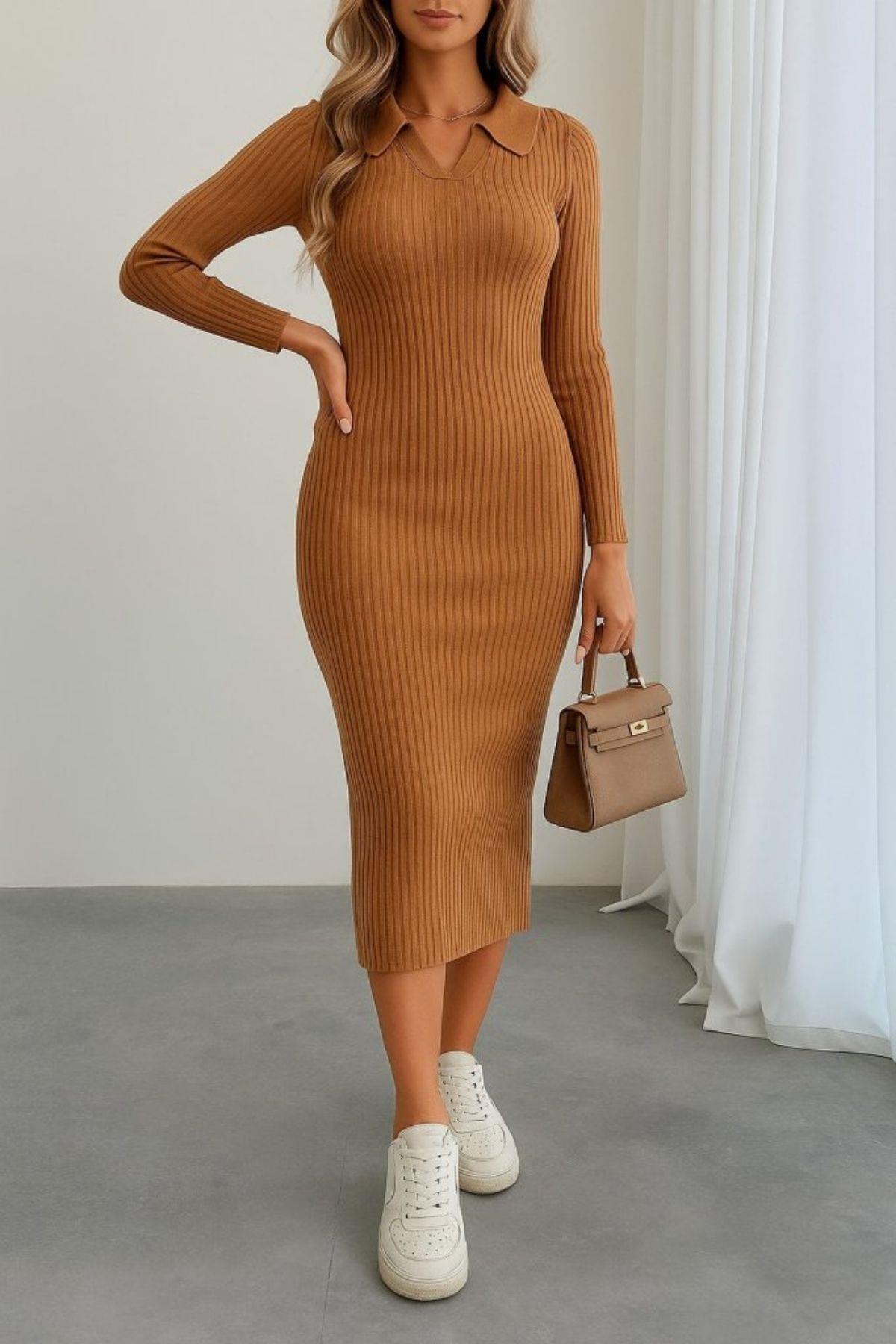 Polo Yaka Triko Midi Boy Elbise - Deve