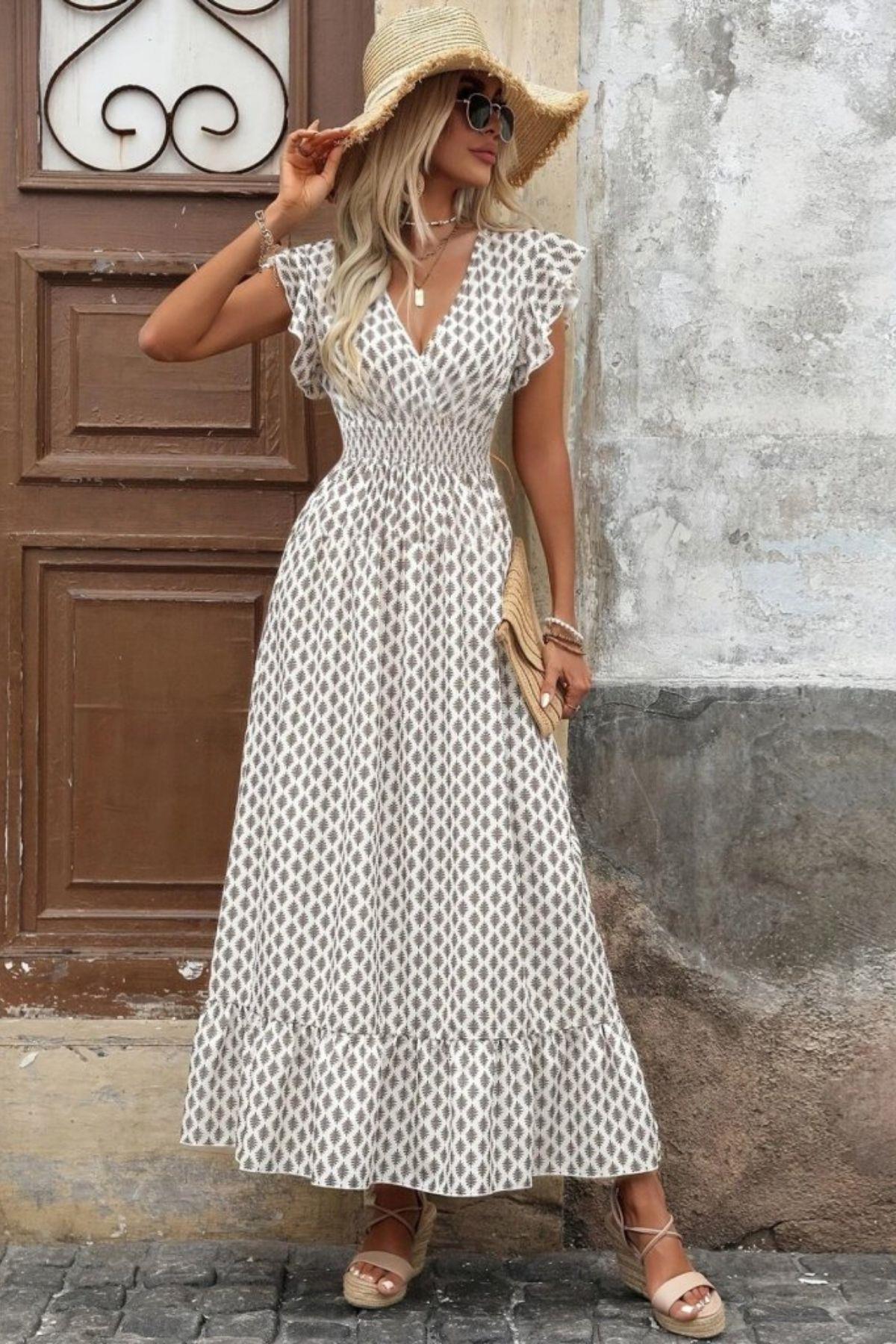 Kruvaze Yaka Desenli Süprem Elbise - Desenli