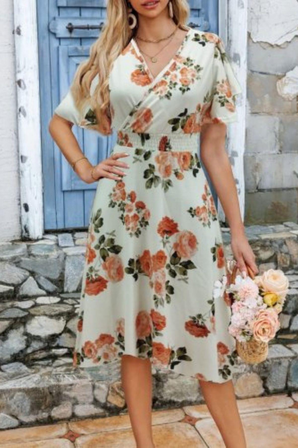 Kısa Kollu Kruvaze Yaka Süprem Elbise - Bej