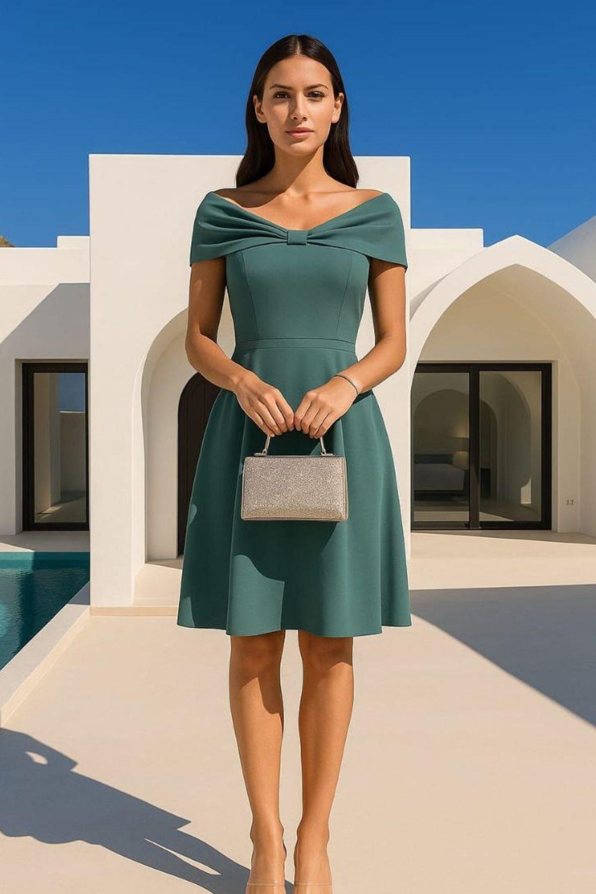 Madonna Yaka Düğümlü Krep Kloş Elbise Mint