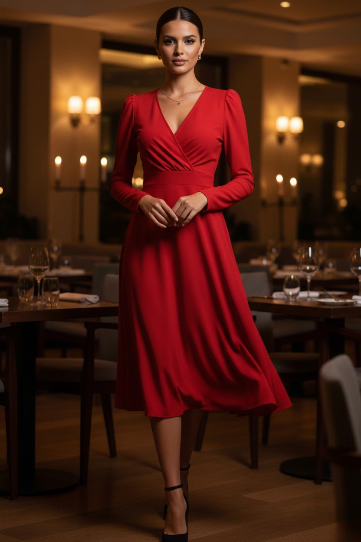 Cesur ve Feminen – Kırmızı Kruvaze Midi Davet Elbisesi