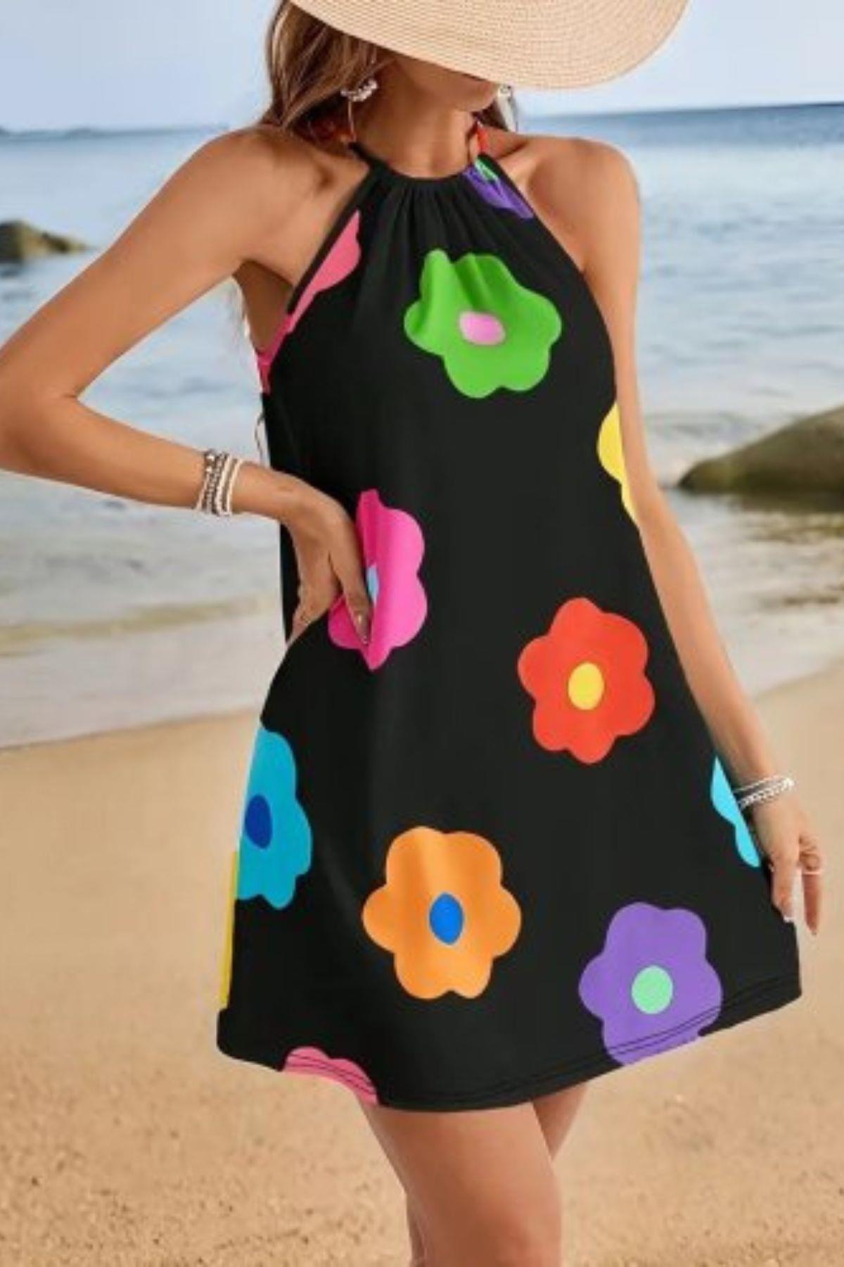 Çiçek Desenli Halter Yaka Mini Süprem Elbise - Siyah