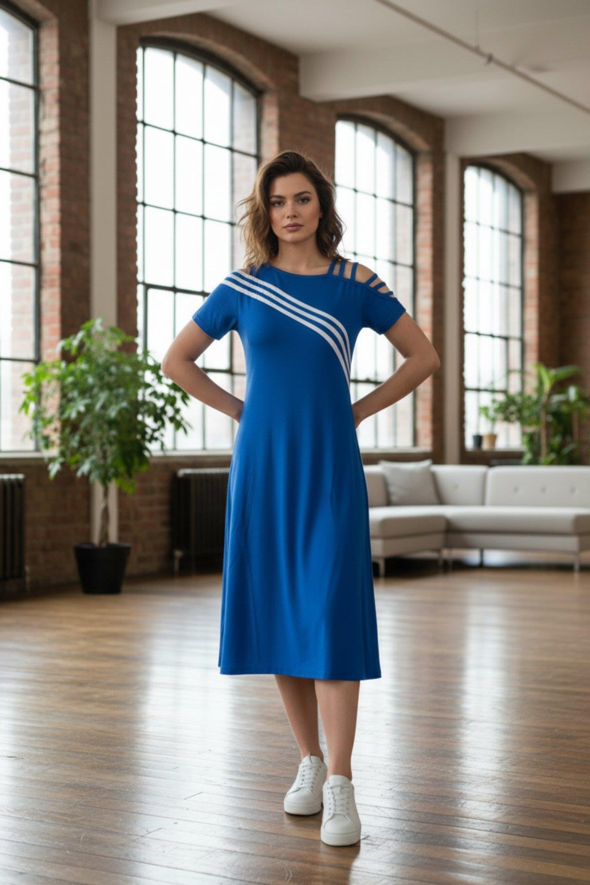 Asimetrik Yaka Askı Detaylı Kısa Kollu Midi Boy Viskon  Elbise - Saks