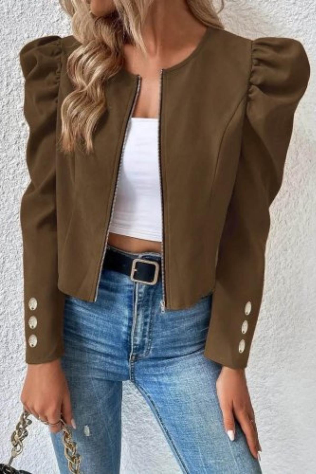 Fermuarlı Balon Kol Süet Ceket - Kahve