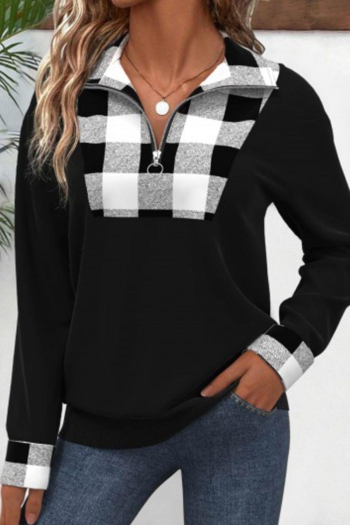 Fermuarlı Ekose Detaylı İki İplik Bluz Siyah