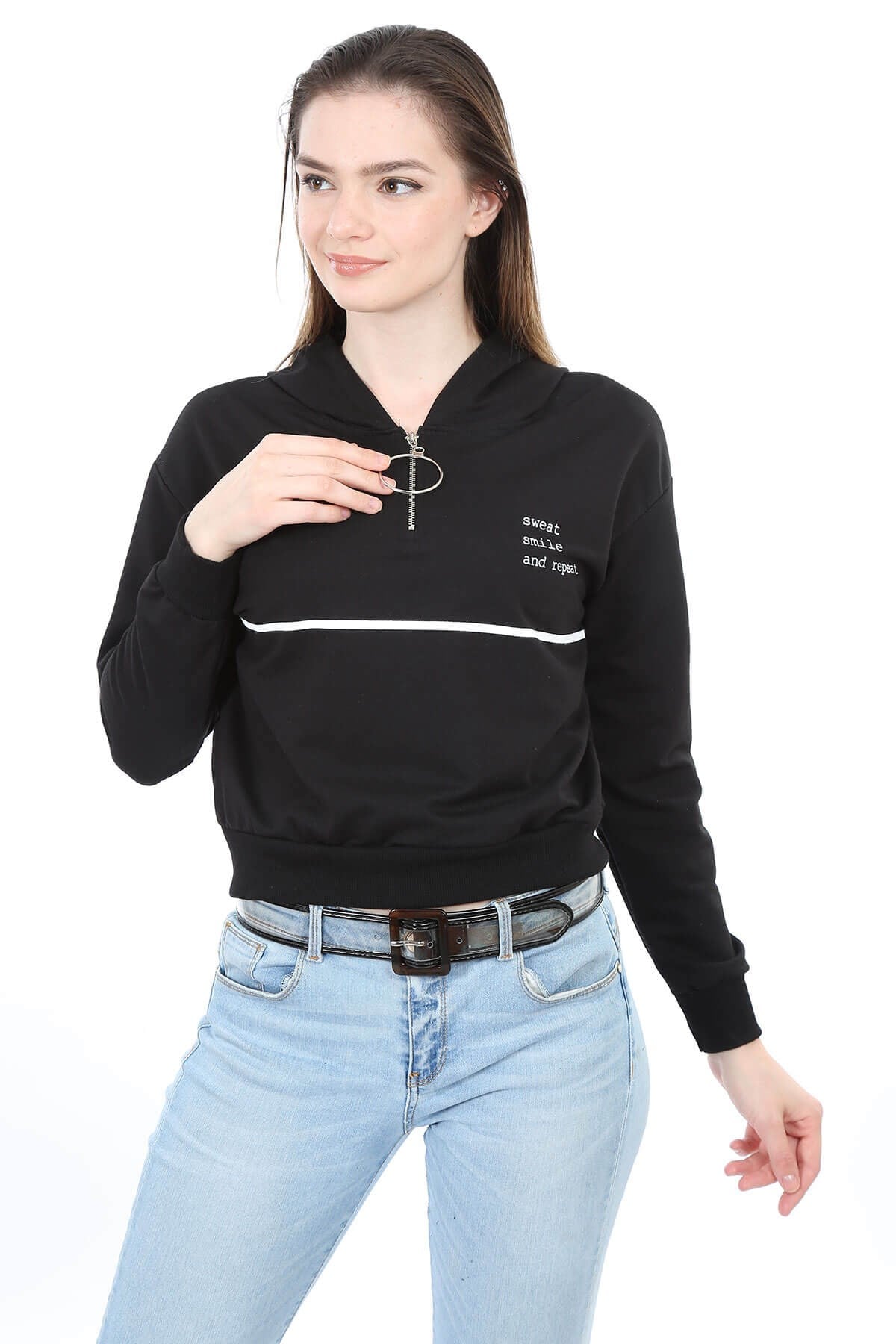 Fermuarlı Kadın Sweatshirt Siyah