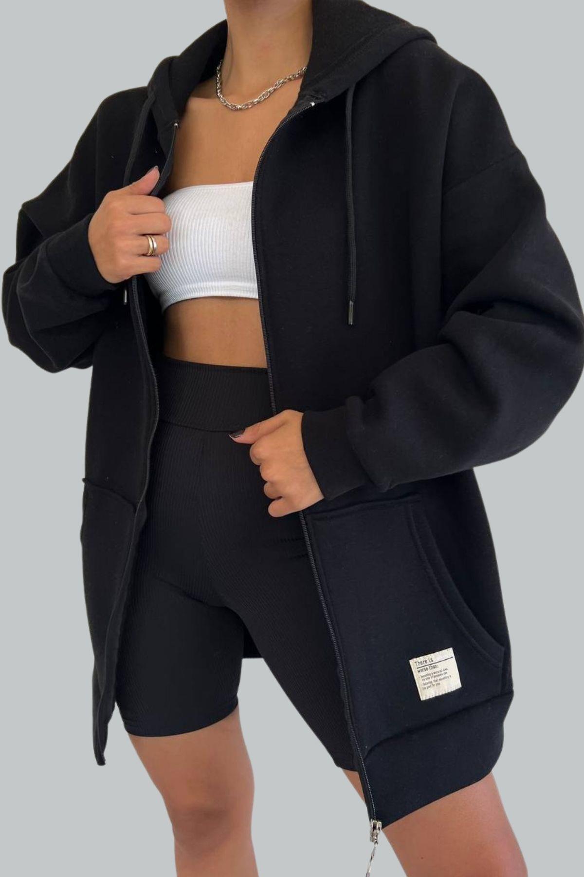 Fermuarlı Kalın Sweatshirt Siyah