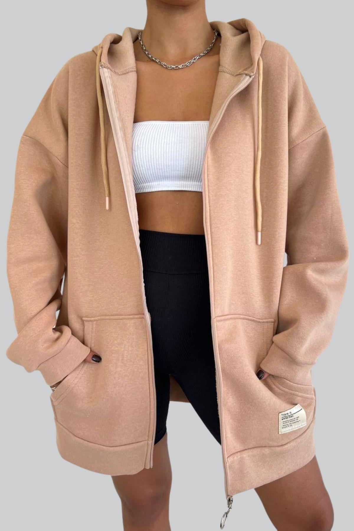 Fermuarlı Kalın Sweatshirt Vizon
