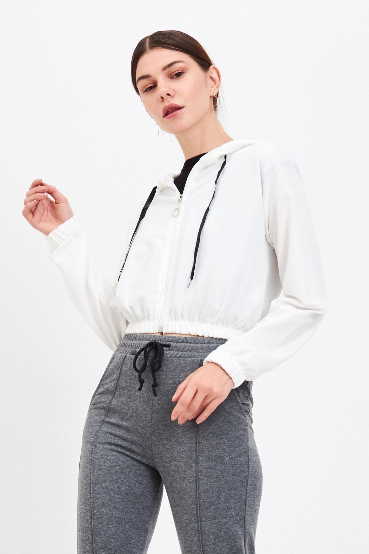 Fermuarlı Kapüşonlu Sweat Beyaz