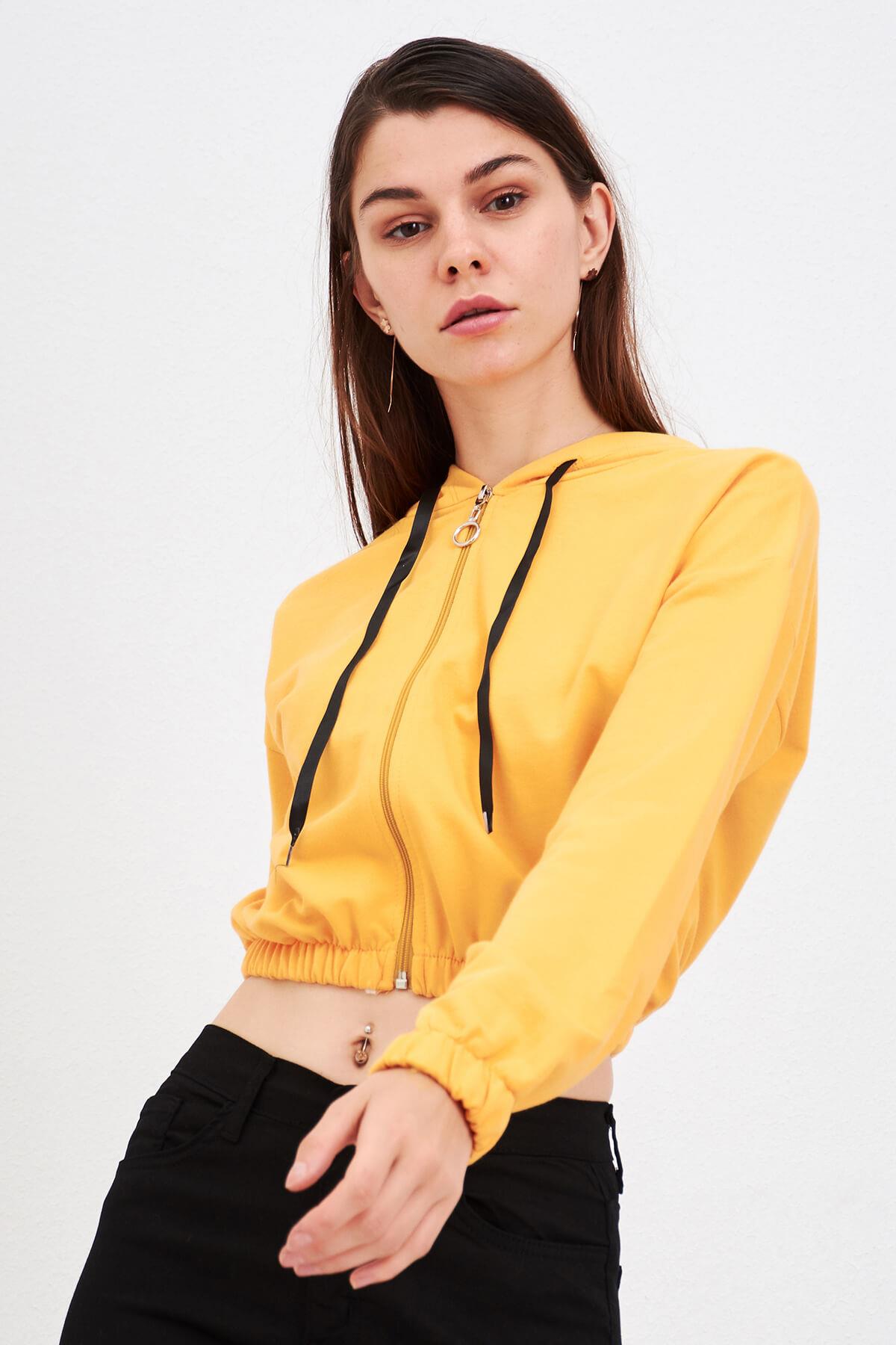 Fermuarlı Kapüşonlu Sweat Hardal