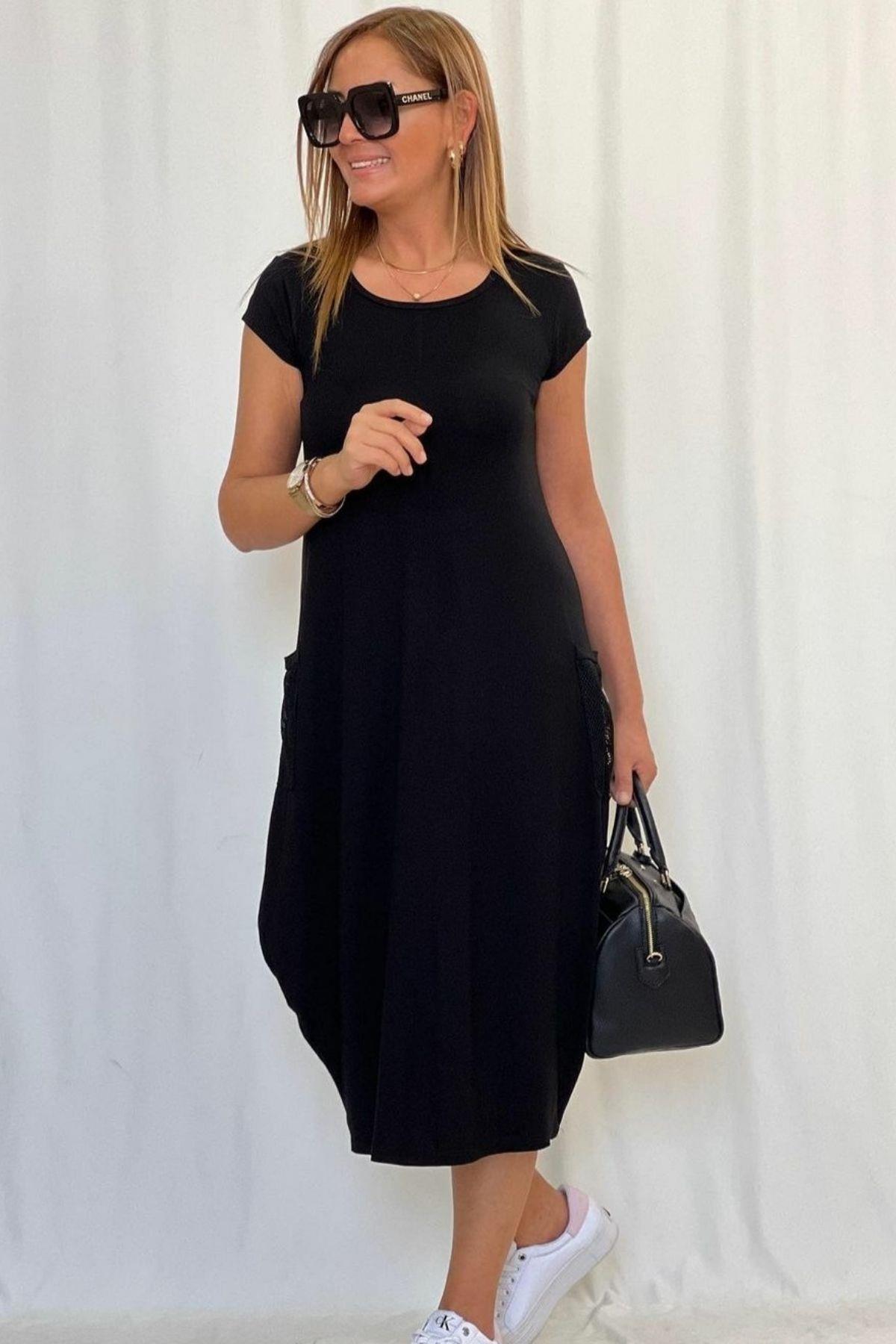 File Cepli Midi Boy Viskon Elbise Siyah