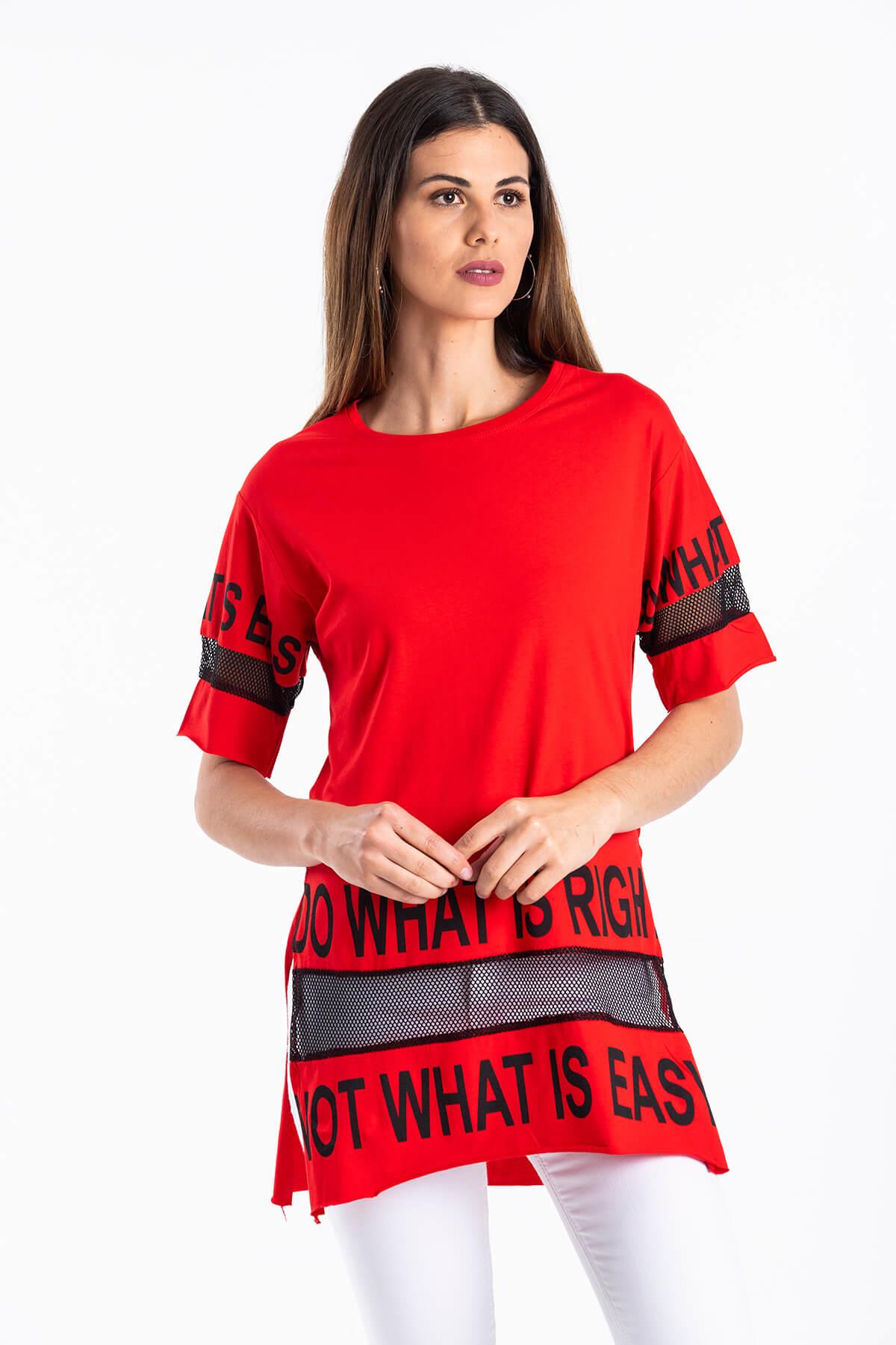 File Detaylı Uzun T-Shirt Kırmızı