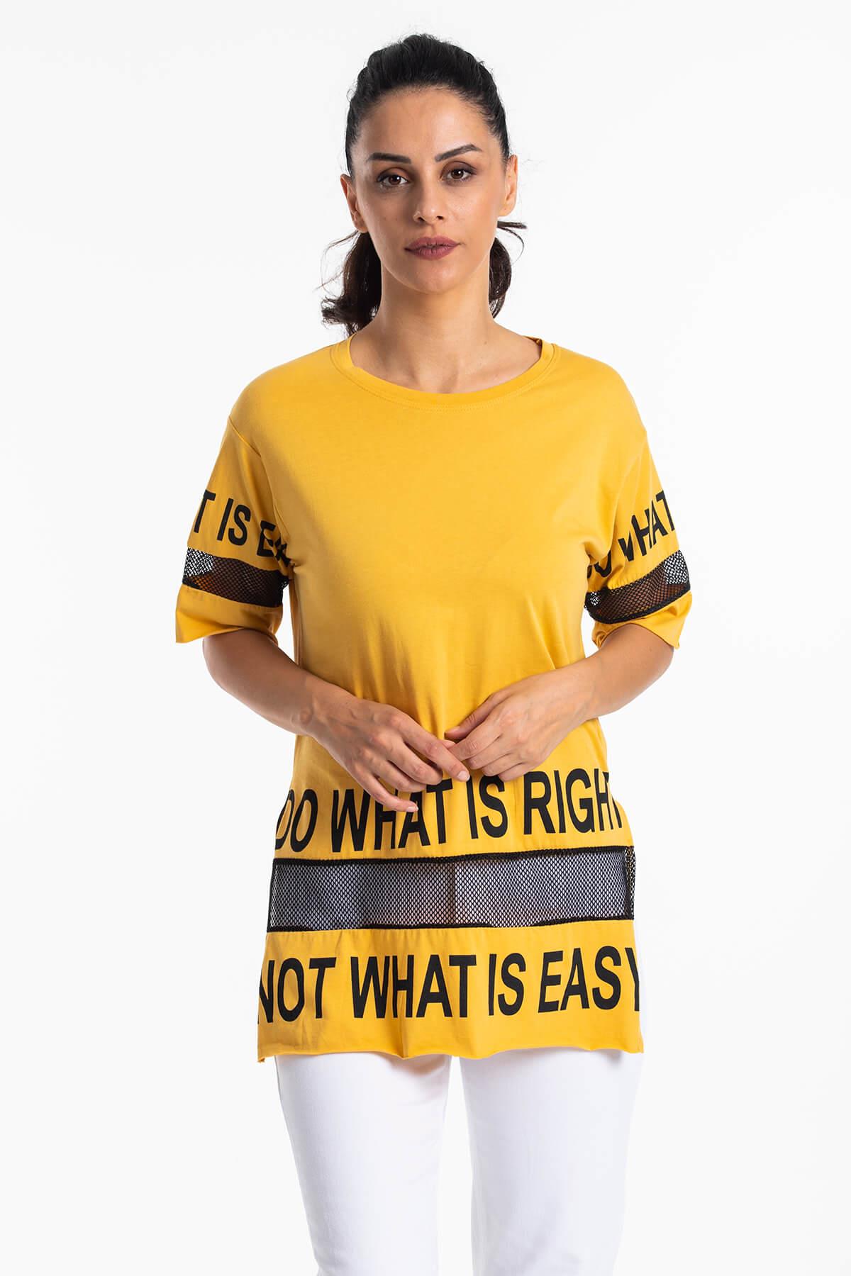 File Detaylı Uzun T-Shirt Sarı
