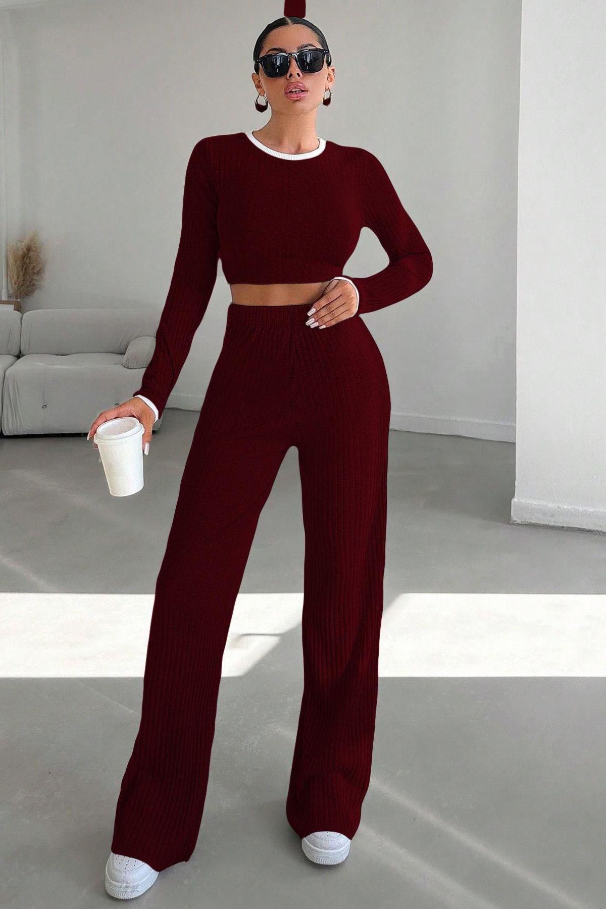 Fitilli Kaşkorse Crop Bluz Pantolon Takım Bordo