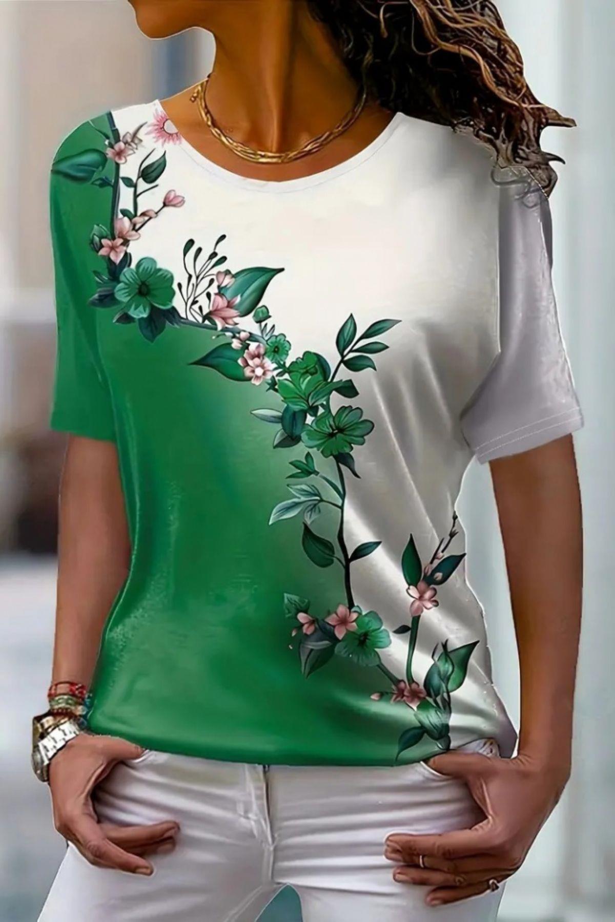 Flowers Design Çift Renkli Süprem Bluz Yeşil
