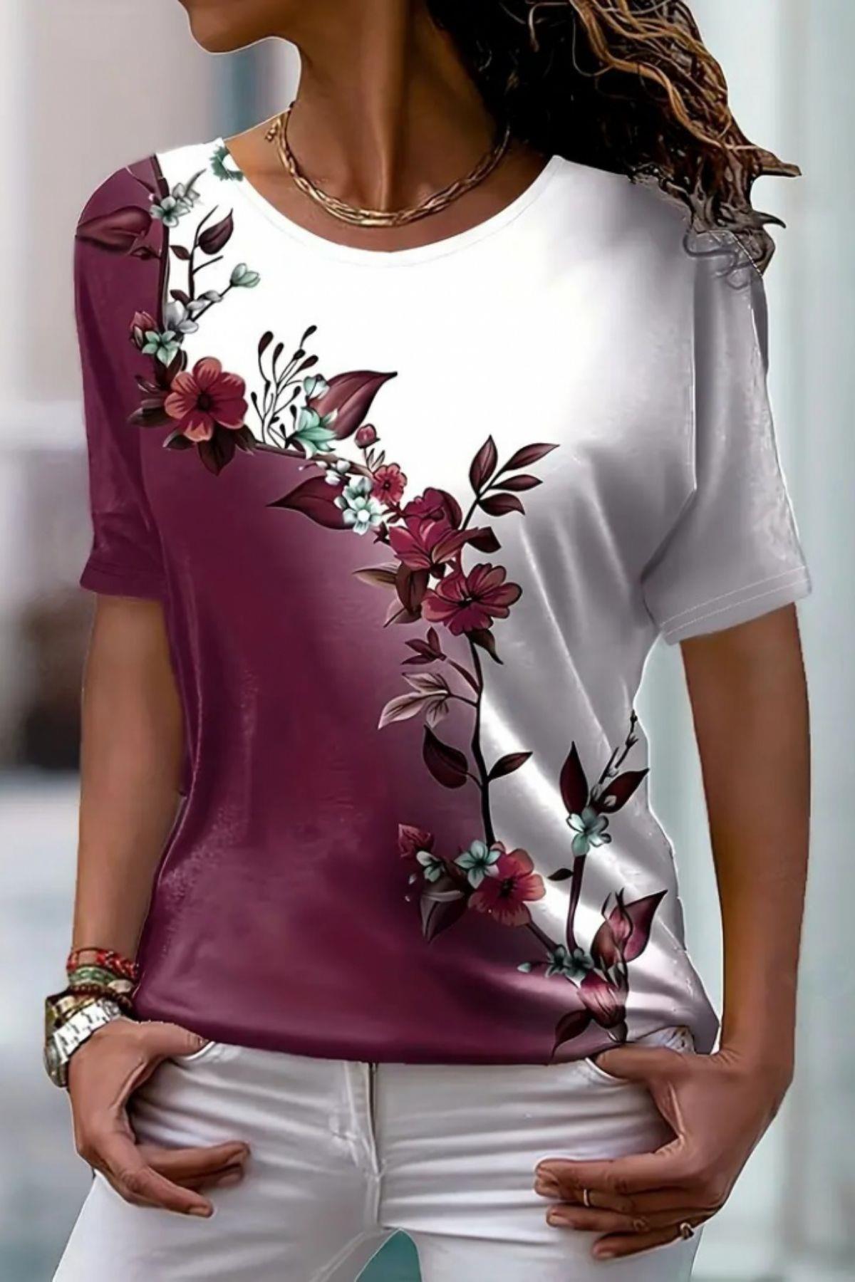 Flowers Design Çift Renkli Süprem Bluz Bordo