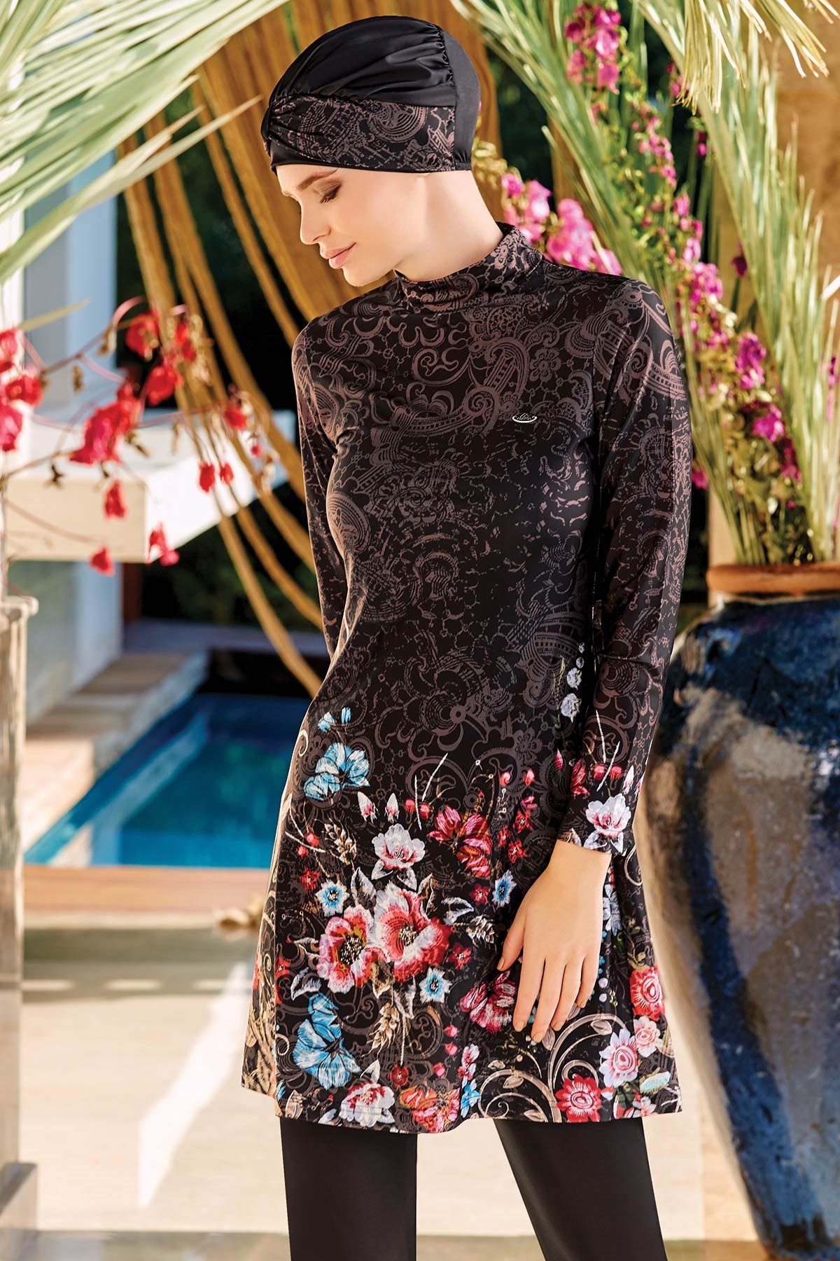 Flowers Design Likralı Tam Tesettür Mayo
