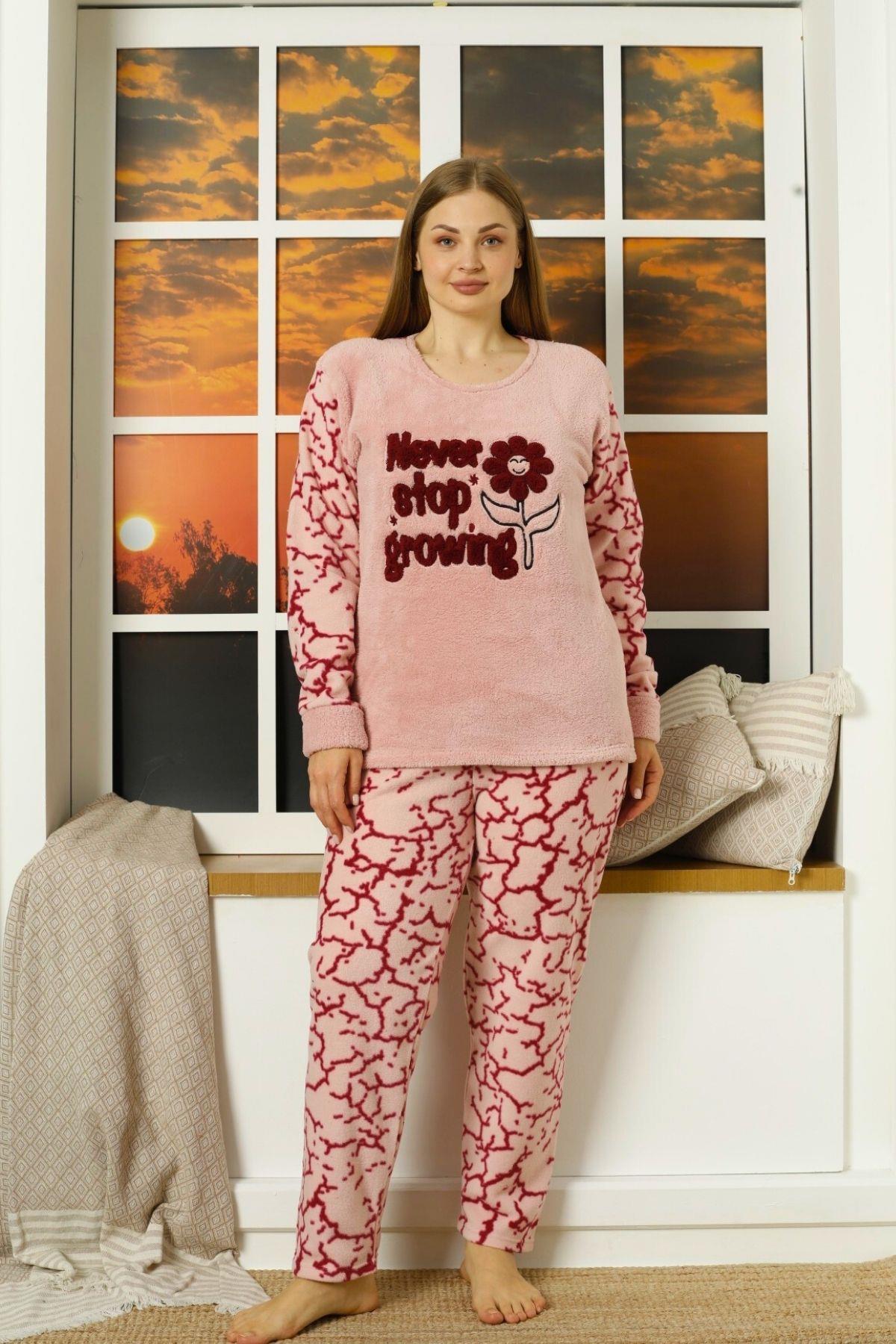 Flowers Polar Büyük Beden Pijama Takımı Pudra