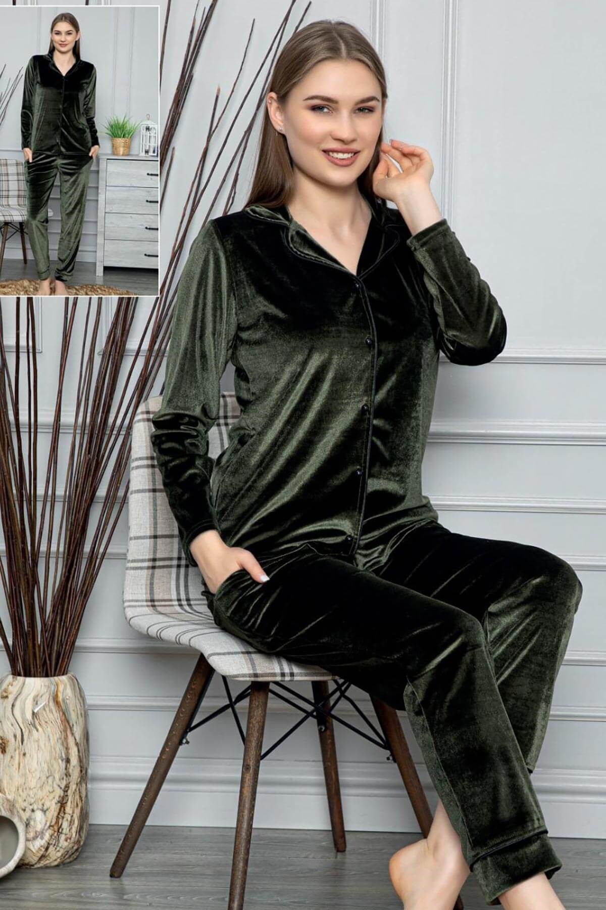Fransız Kadife Düğmeli Pijama Takımı Haki