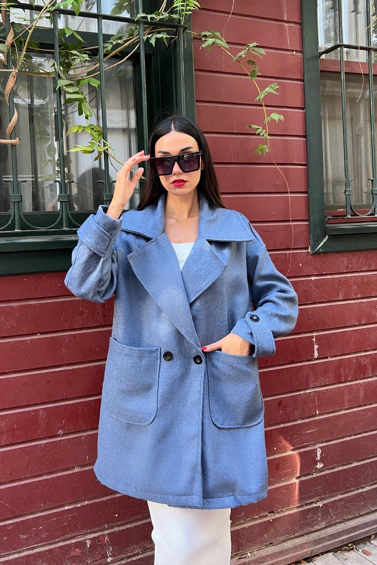 Geniş Cepli Düğmeli Oversize Kısa Kaban İndigo