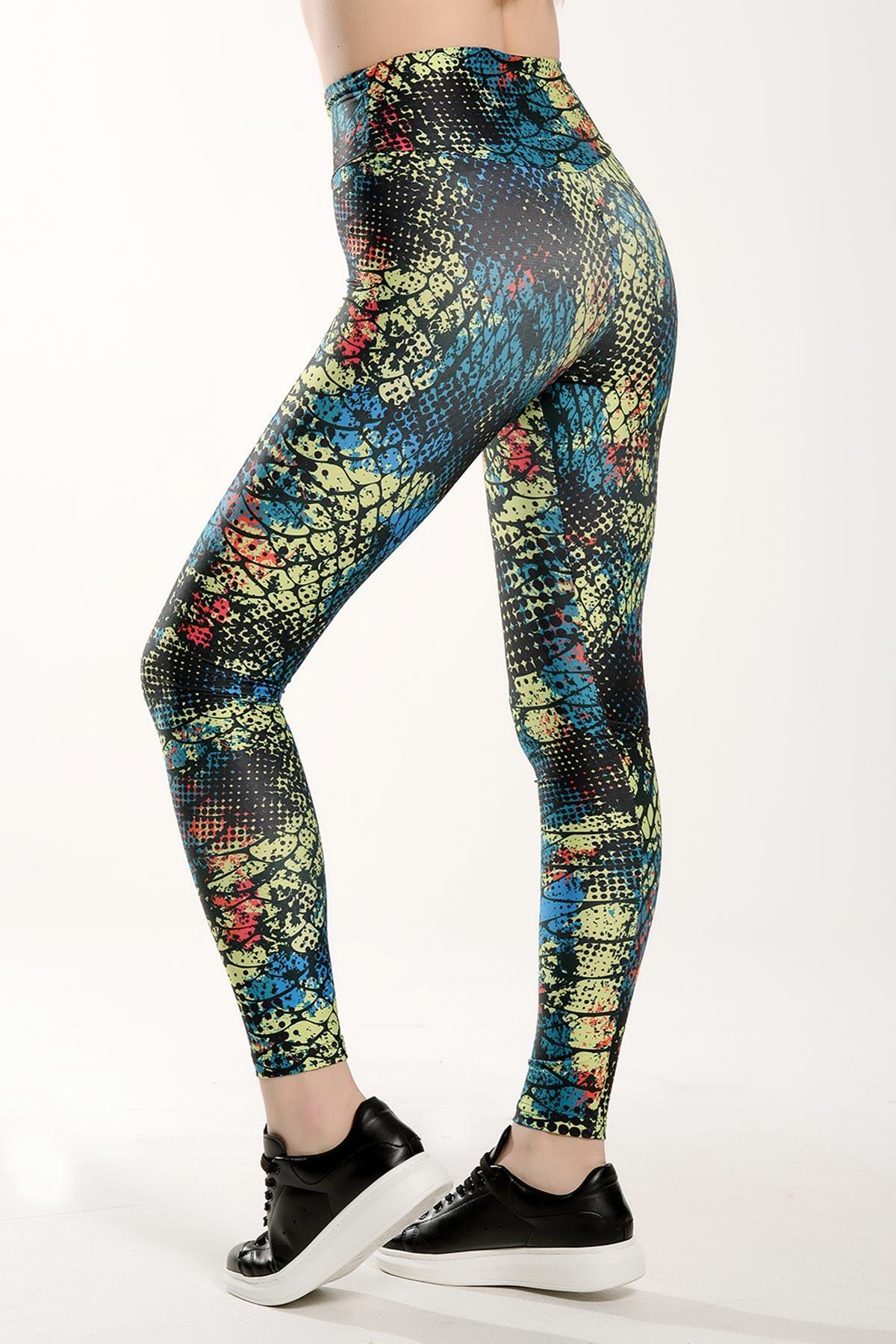 Geniş Kemer Dijital Baskılı Sporcu Tayt Mavi