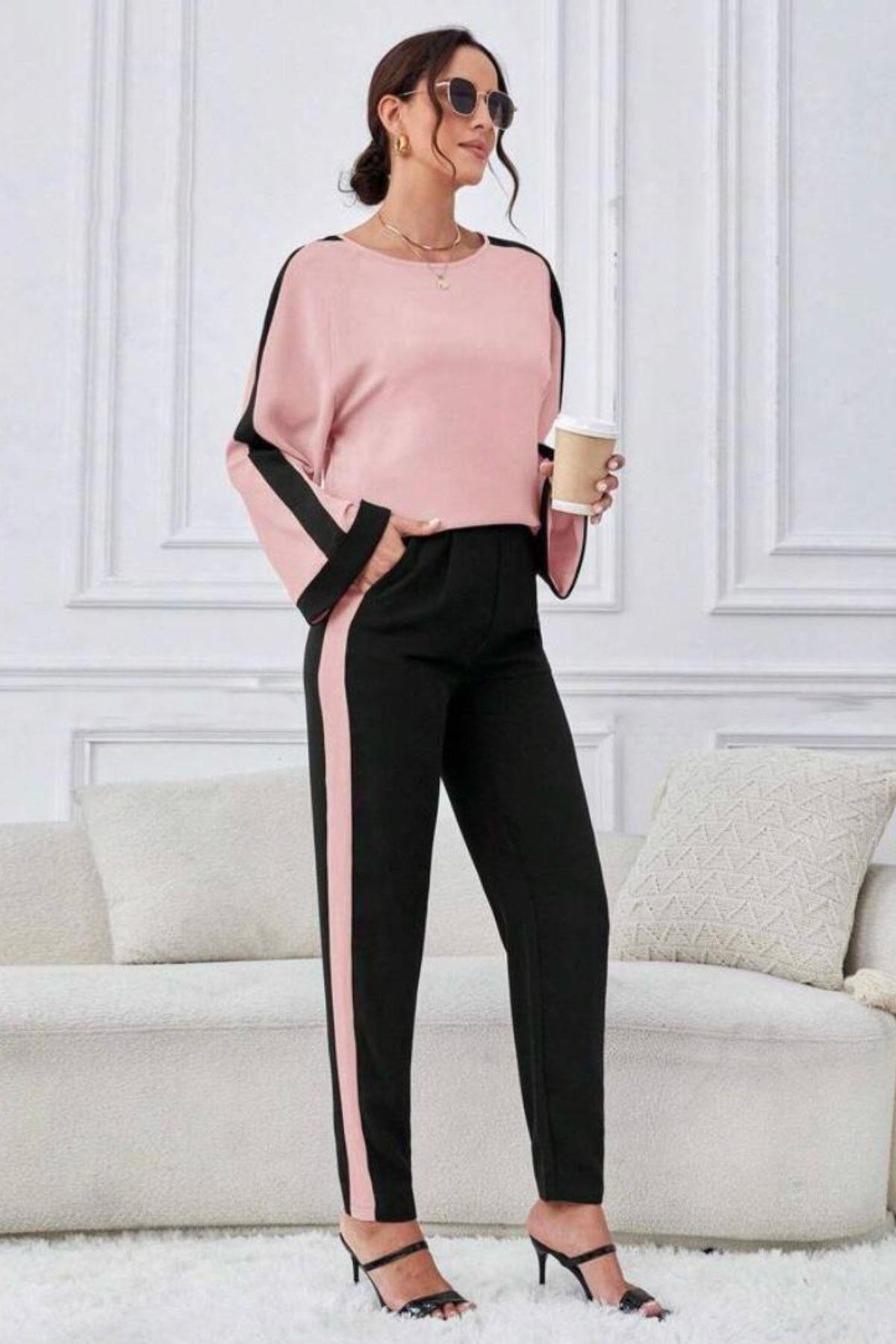 Geniş Manşet Garnili İki İplik Takım Pembe