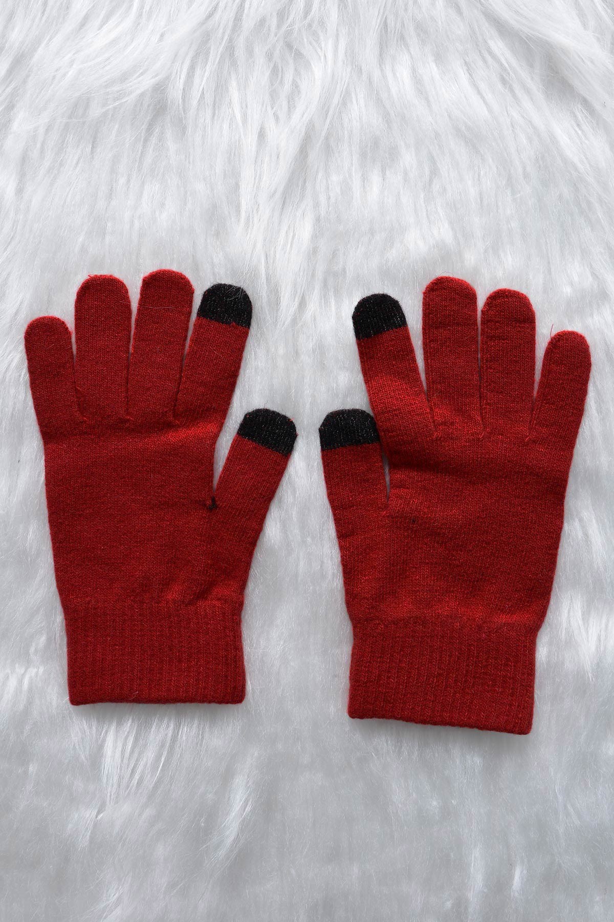Gerçek Yünlü Dokunmatik Kadın Eldiven Kırmızı