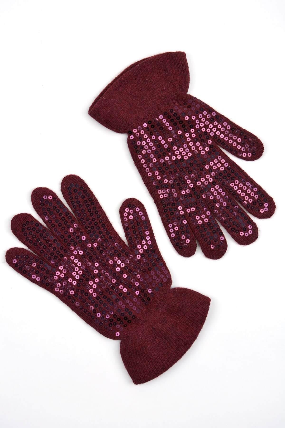 Gerçek Yünlü Full Payet Eldiven Bordo