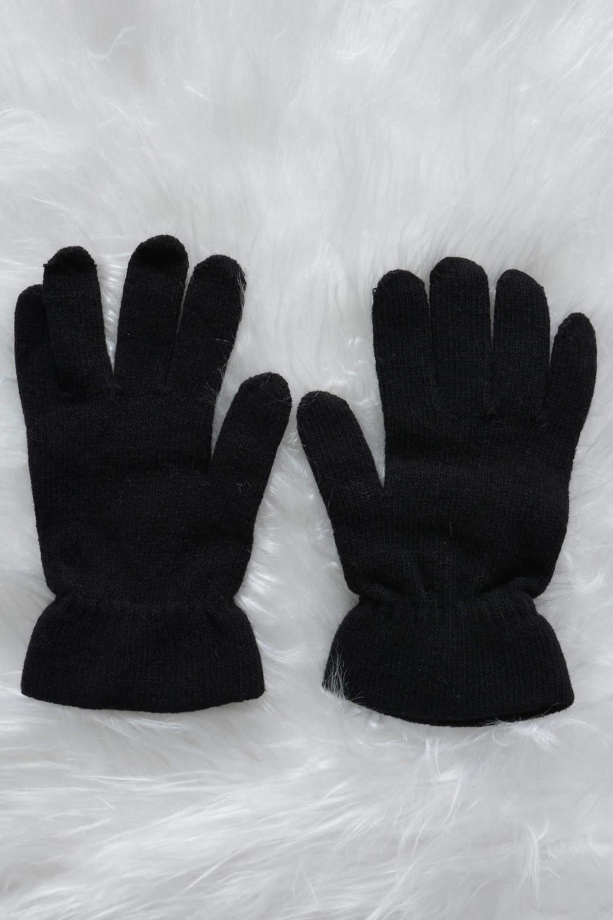 Gerçek Yünlü Kadın Eldiven Siyah