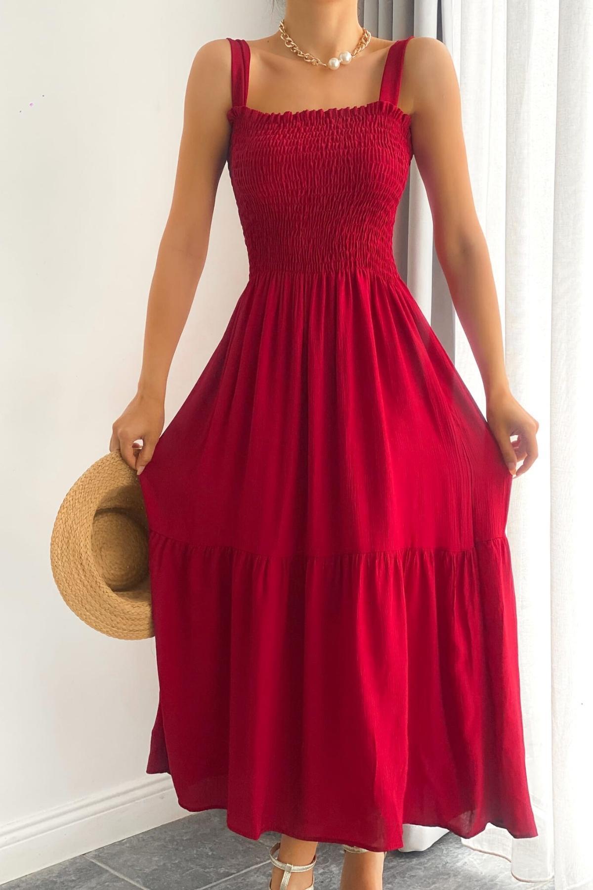 Gipeli Kalın Askı Uzun Elbise Bordo