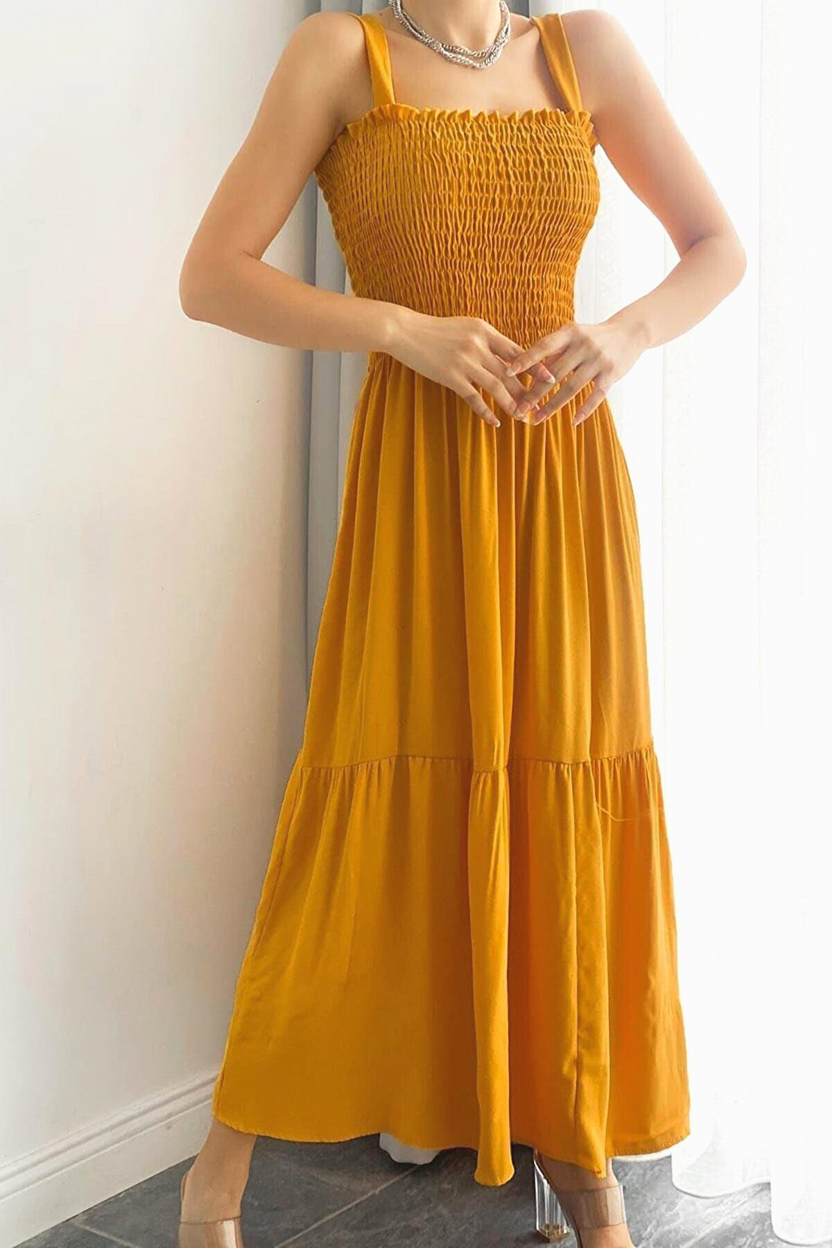 Gipeli Kalın Askı Uzun Elbise Hardal