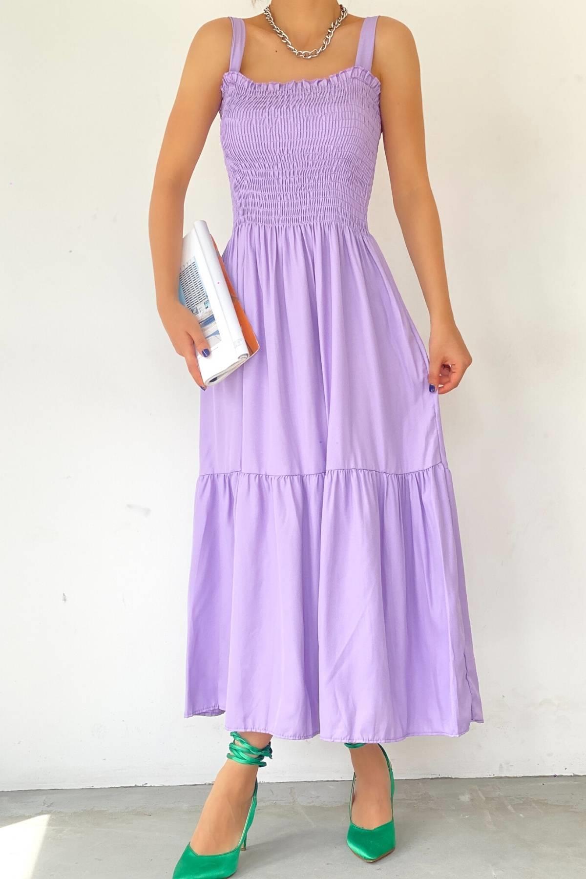 Gipeli Kalın Askı Uzun Elbise Lila