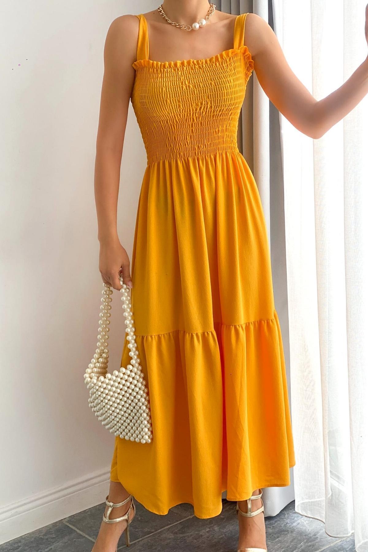 Gipeli Kalın Askı Uzun Elbise Sarı