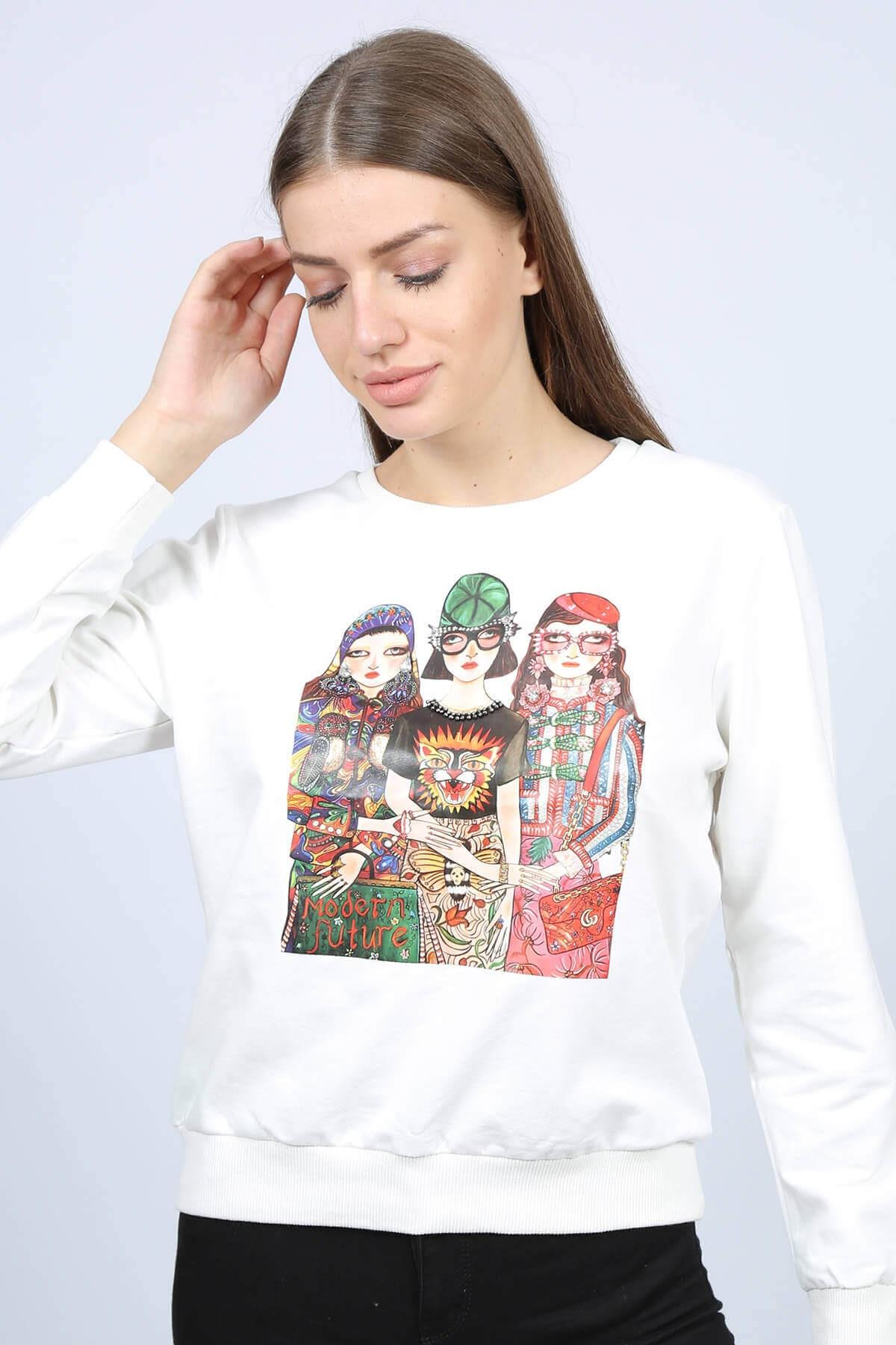 Girls Baskılı Kadın Sweat Ekru